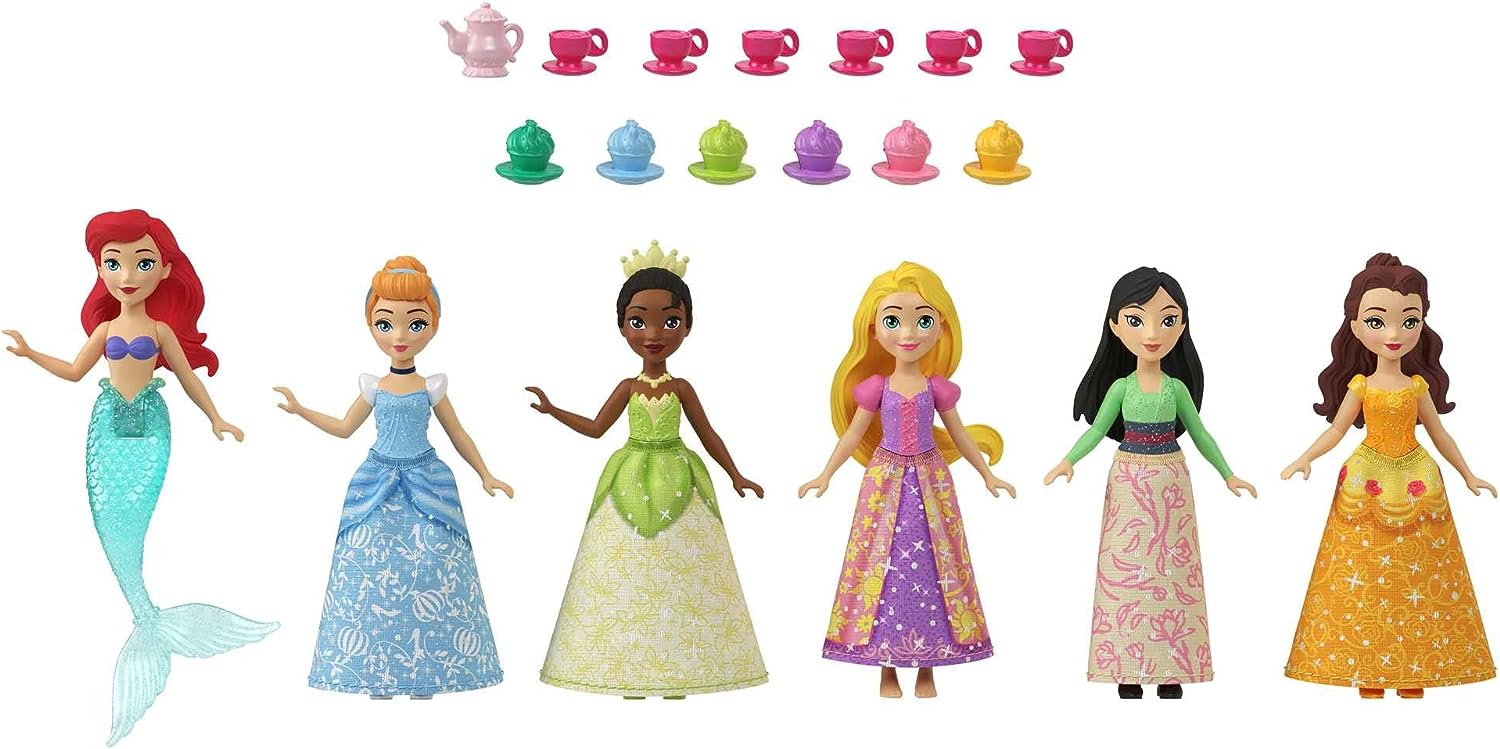 Disney Princess Small Doll Party Set with 6 Posable Princess Dolls in Sparkling Clothing and 13 Tea Time Accessories