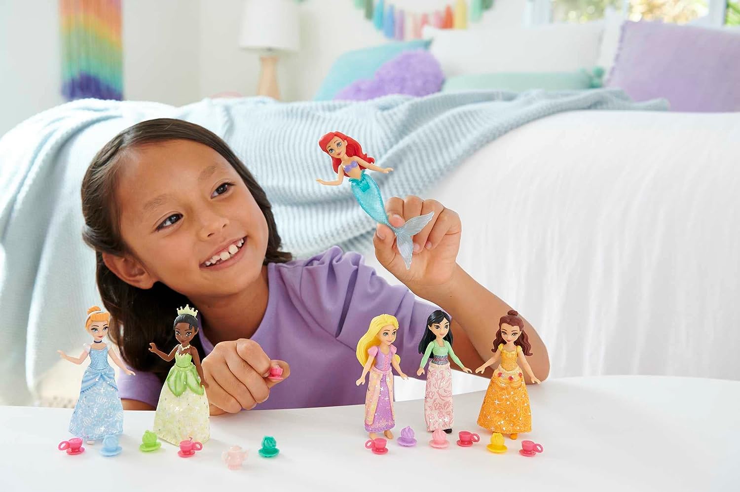 Disney Princess Small Doll Party Set with 6 Posable Princess Dolls in Sparkling Clothing and 13 Tea Time Accessories