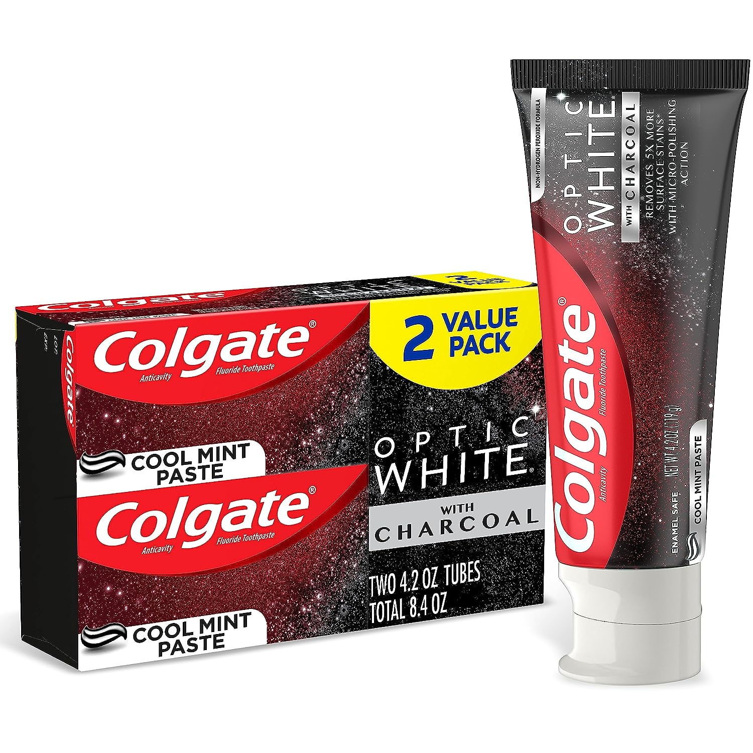Colgate Optic White with Charcoal Whitening Toothpaste, Cool Mint Flavor, Safely Removes Surface Stains, Enamel-Safe for Daily Use, Teeth Whitening...