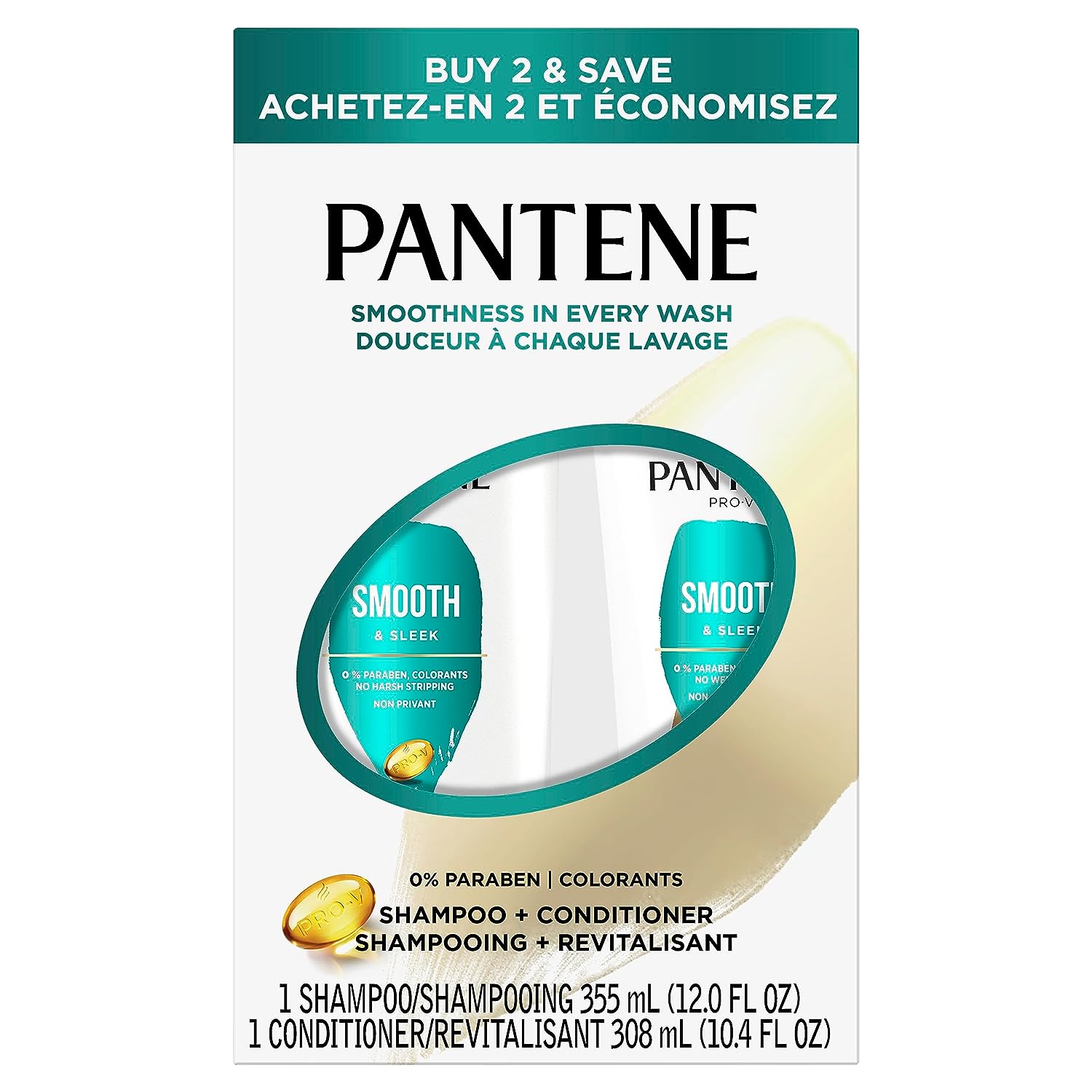 Pantene PRO-V Smooth & Sleek Shampoo + Conditioner, Dual Pack, Shampoo 12oz/Conditioner 10.4oz