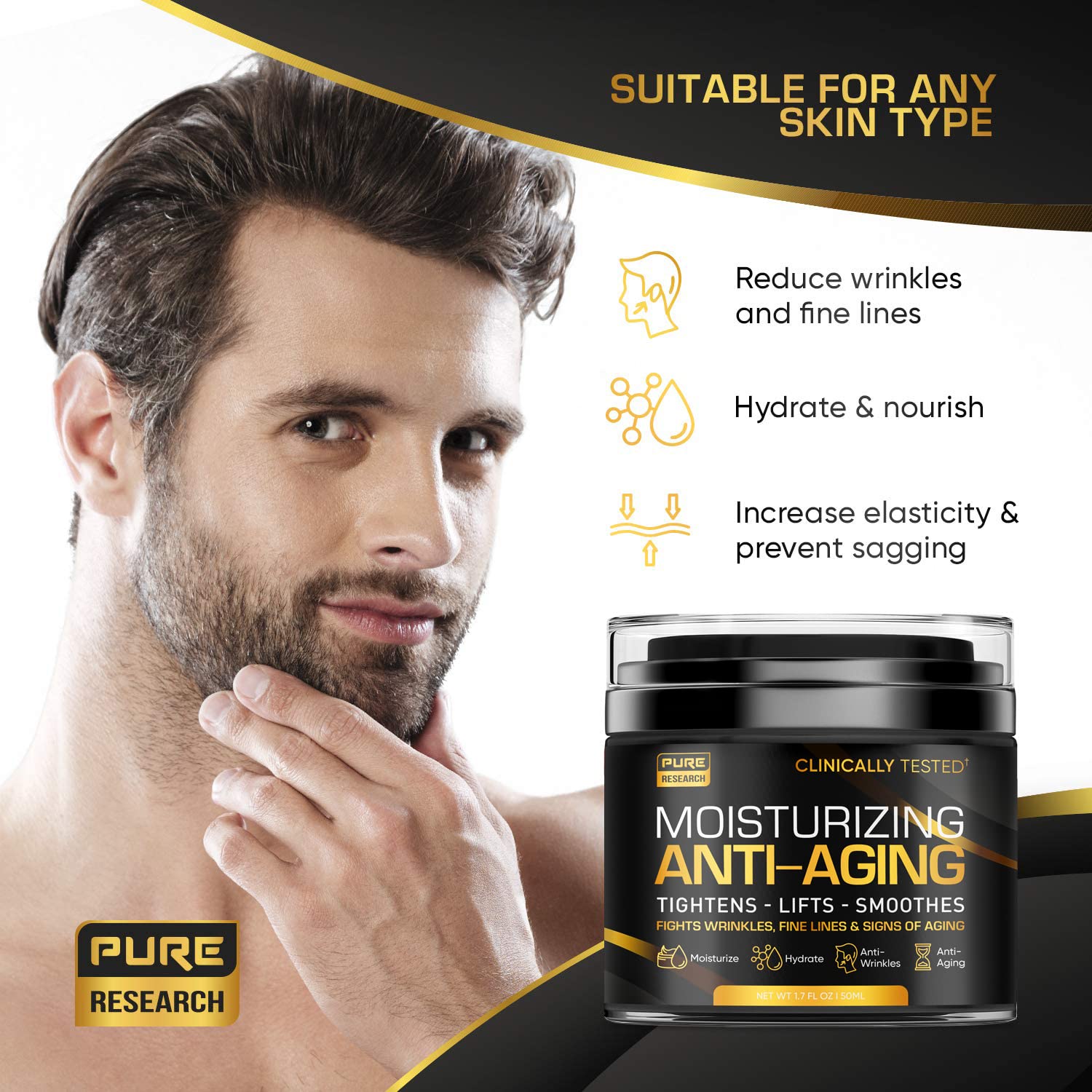 PURE RESEARCH Men's Face Cream Moisturizer - Anti-Aging Cream For Men, Collagen, Retinol & Hyaluronic Acid - Day & Night - Made in USA - Anti...