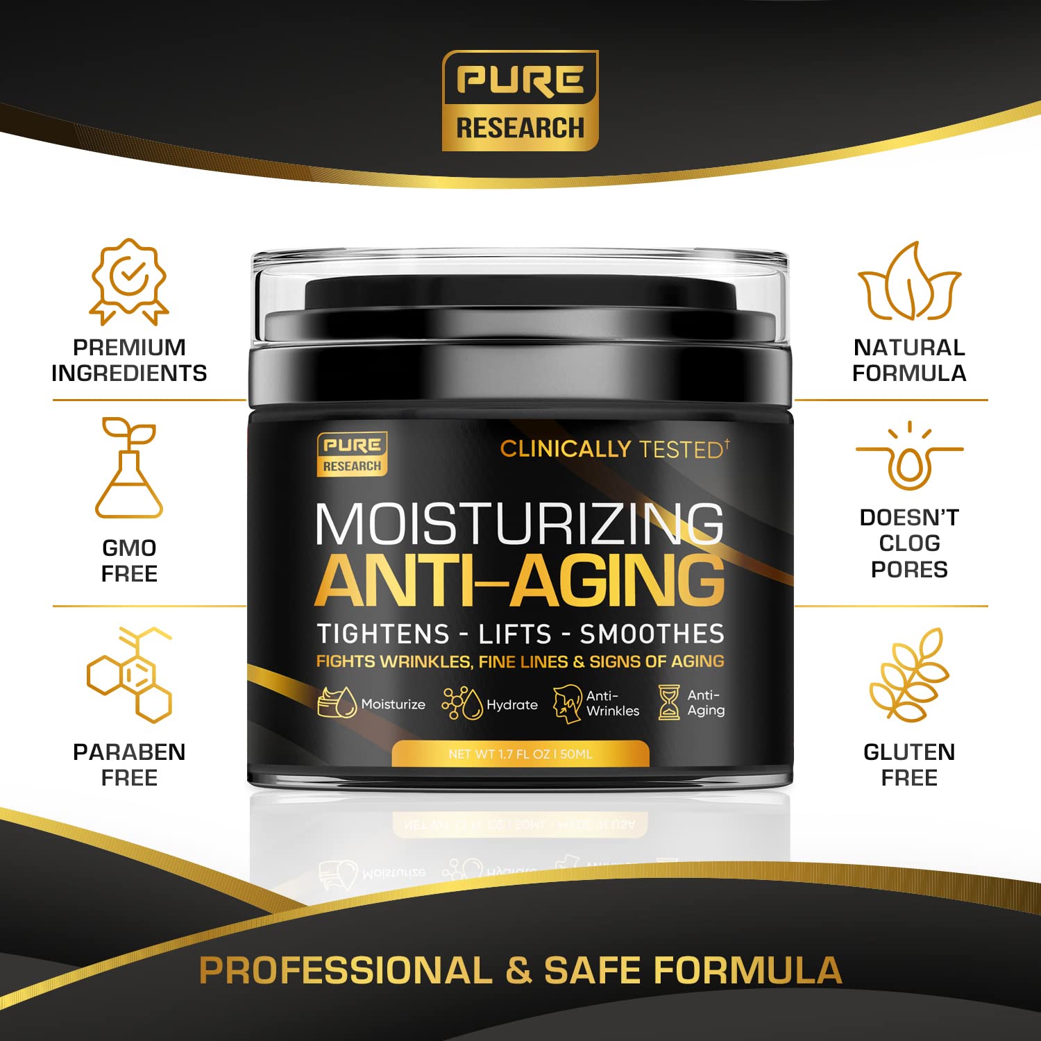 PURE RESEARCH Men's Face Cream Moisturizer - Anti-Aging Cream For Men, Collagen, Retinol & Hyaluronic Acid - Day & Night - Made in USA - Anti...
