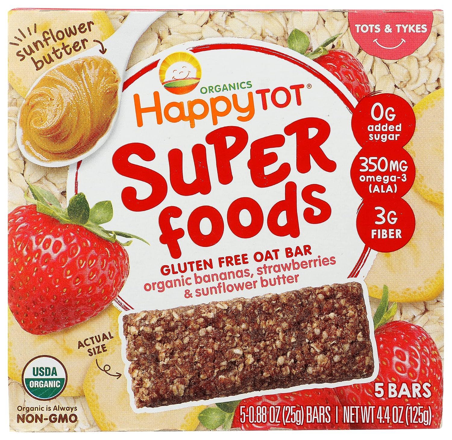 HAPPY TOT Organic Bananas, Strawberries & Sunflower Superfood Oat Bars, 4.4 OZ