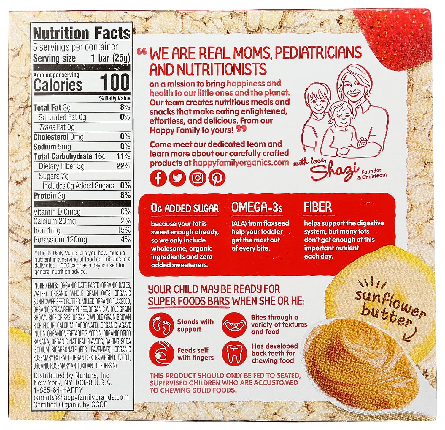 HAPPY TOT Organic Bananas, Strawberries & Sunflower Superfood Oat Bars, 4.4 OZ