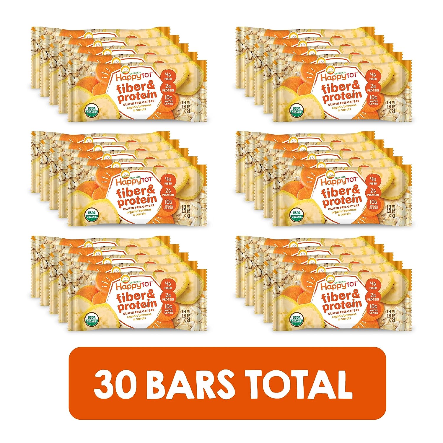 Happy Tot Organics Fiber & Protein Soft-Baked Oat Bars Organic Toddler Snack Banana & Carrot, 0.88 Ounce Bars, 5 Count Box (Pack of 6)