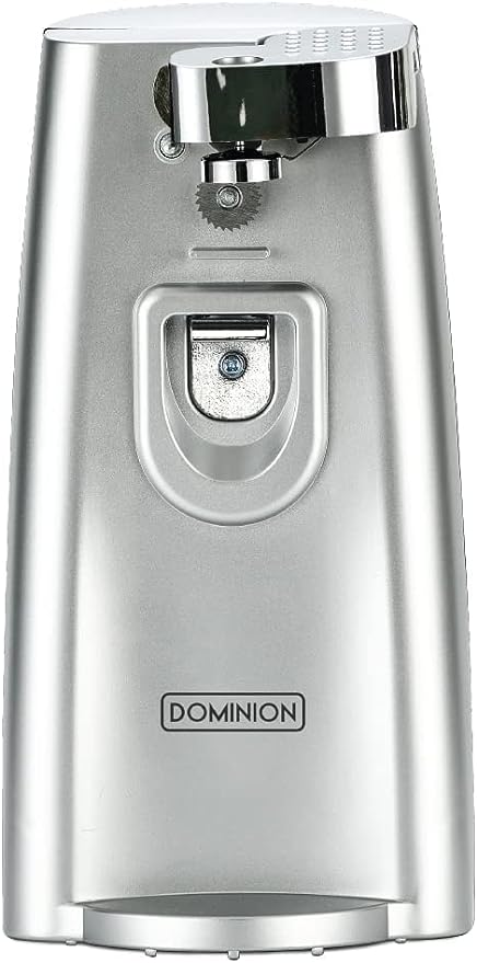 Dominion Tall Electric Can Opener, Easy Push Down Lever, Knife Sharpener, Bottle Opener & Built-In Cord Storage, Opens All Standard-Size and Pop-Top Cans, Easy to Clean, Silver