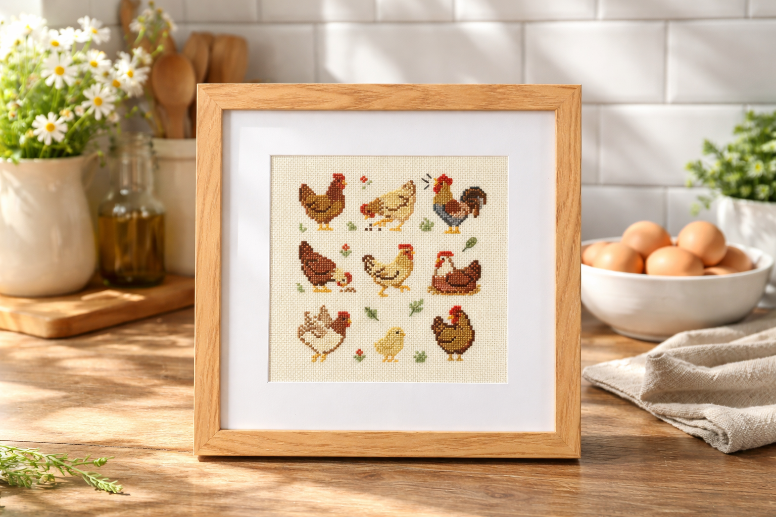 Chicken Poses Completed Cross Stitch with Frame