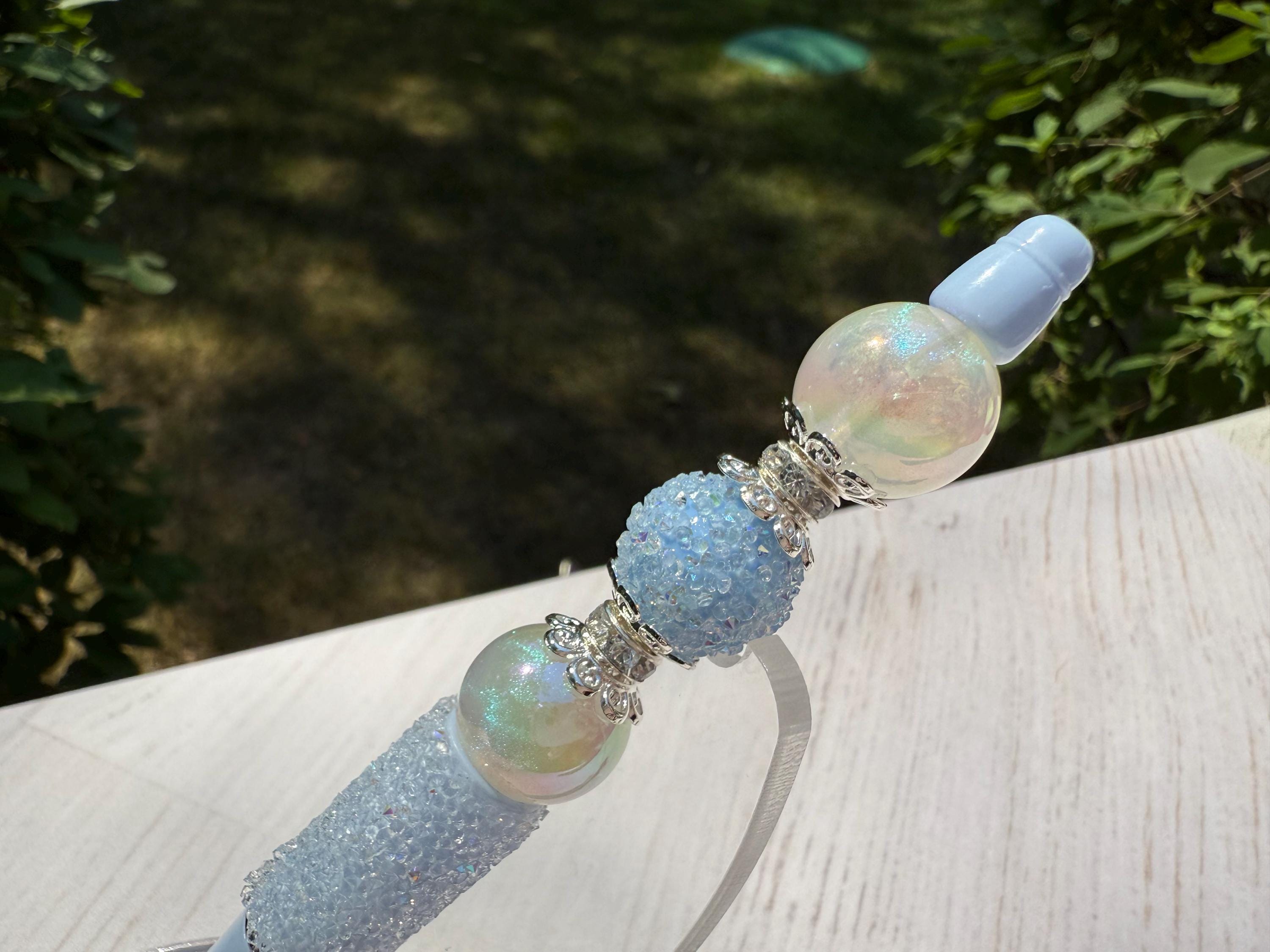 Elegant Blue and Pearl Black Ink Hand Beaded Pen with Specialty Beads