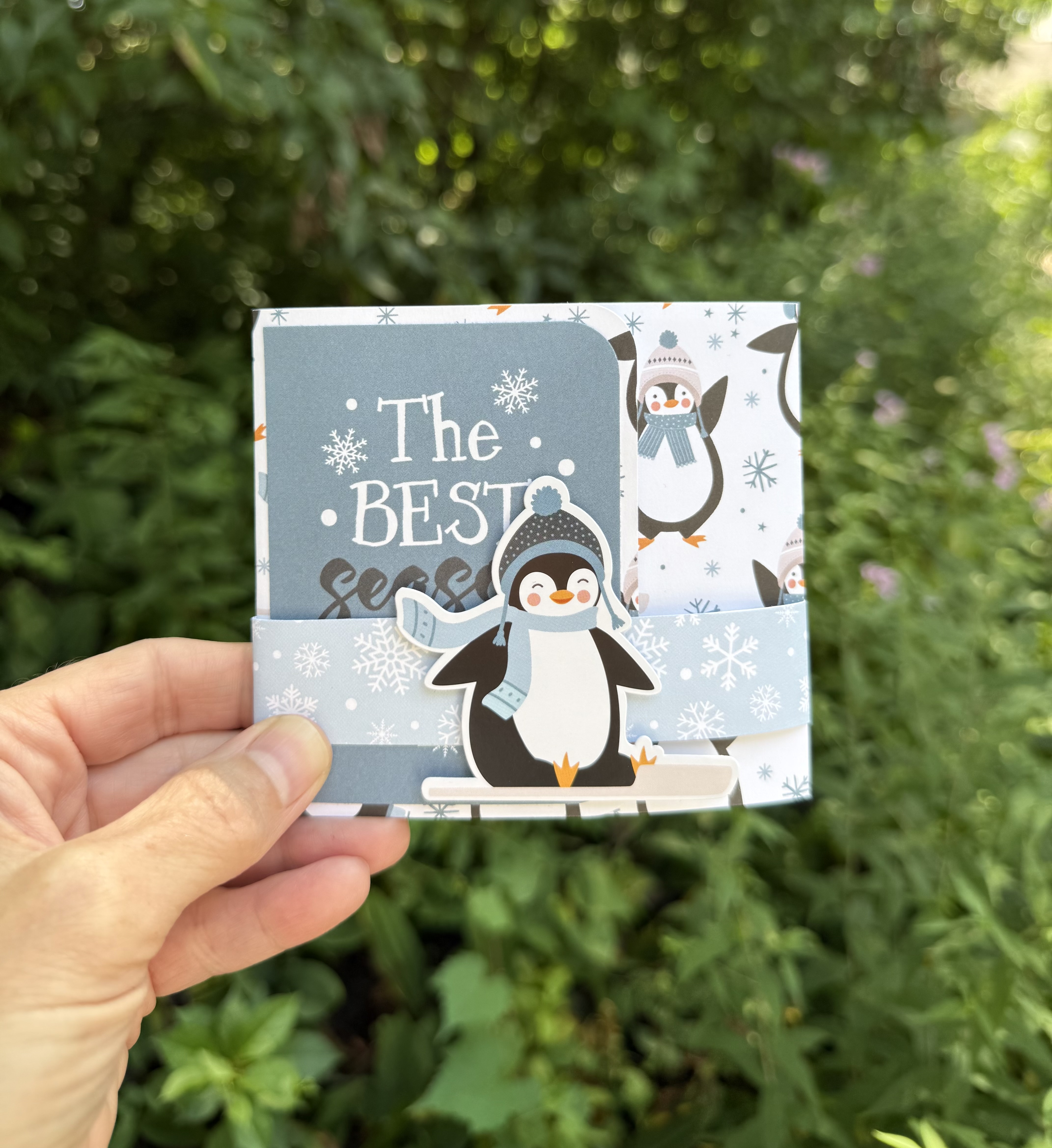 Season’s Greetings Handmade Penguin Gift Card Holder with Pop-Up Gift Bag