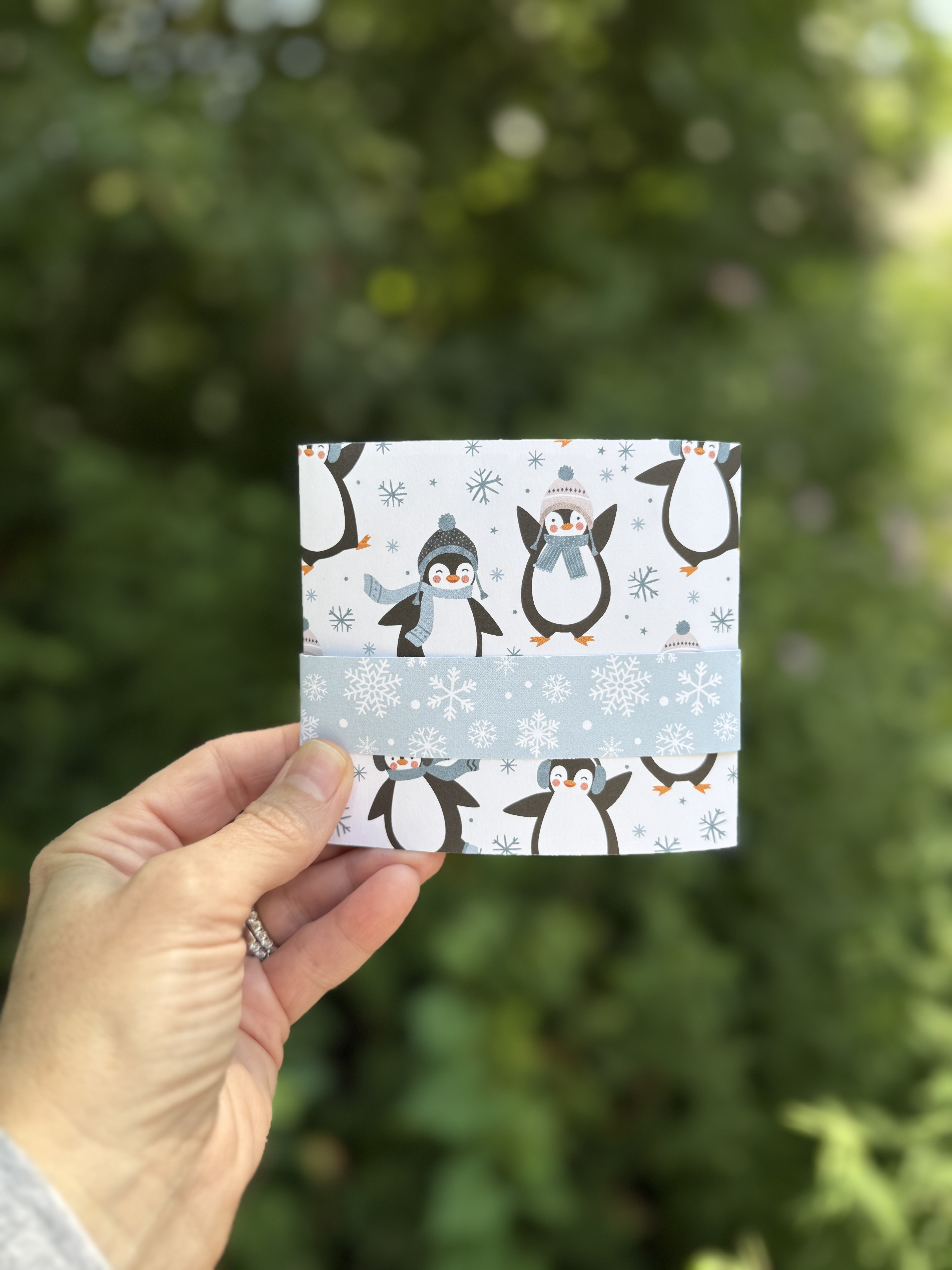Season’s Greetings Handmade Penguin Gift Card Holder with Pop-Up Gift Bag