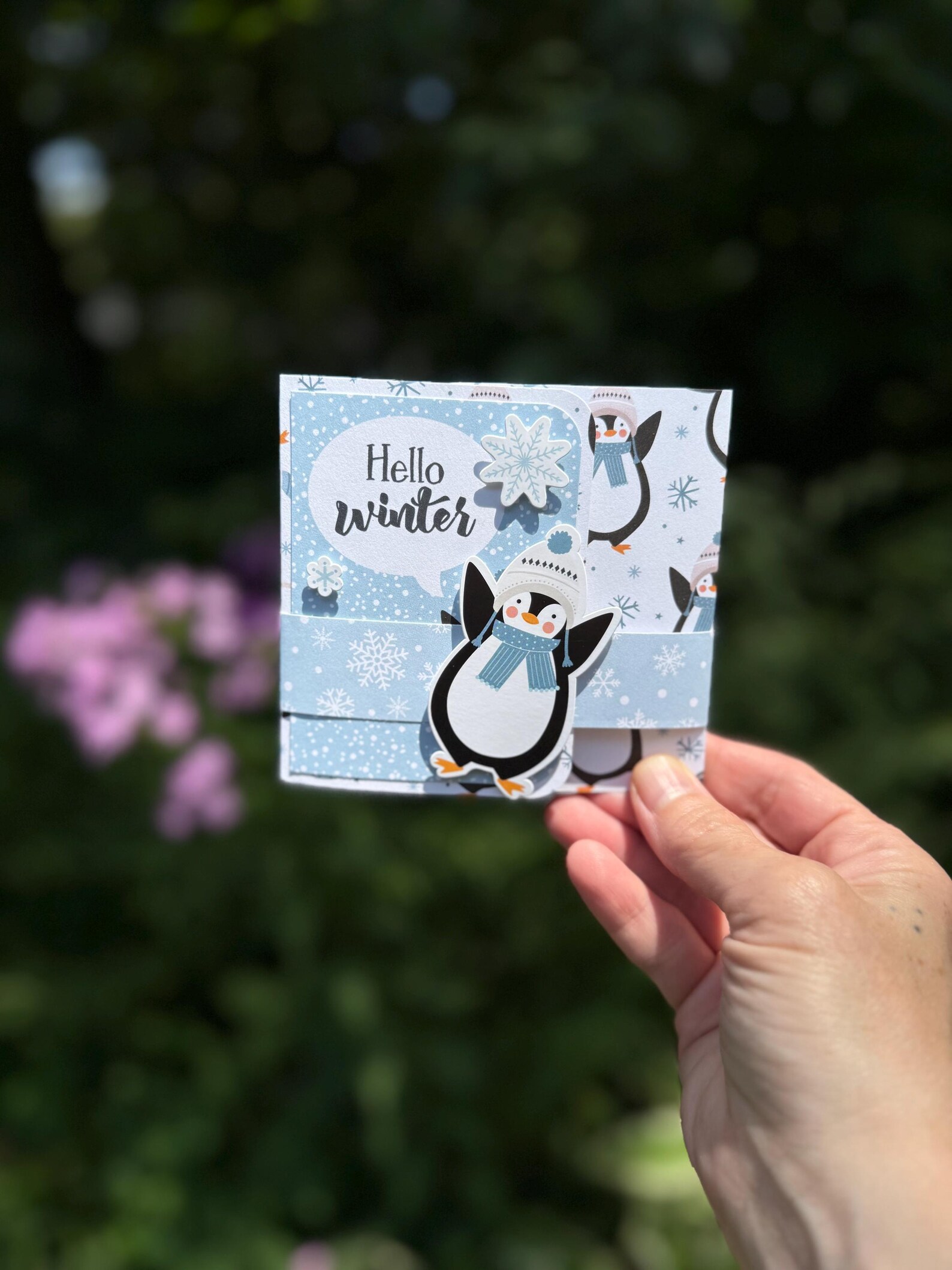 Hello Winter Penguin Handmade Gift Card Holder with Pop-Up Gift Bag
