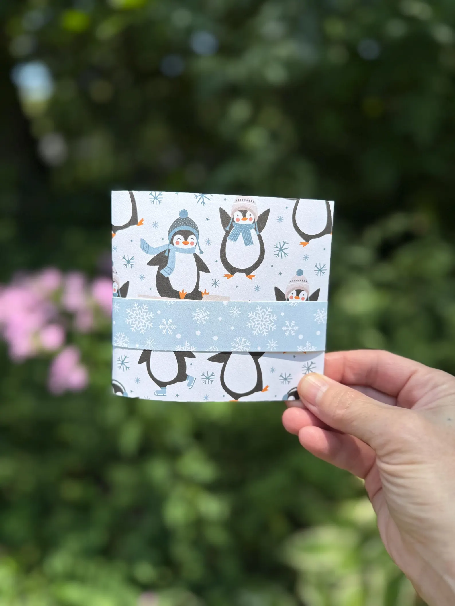 Hello Winter Penguin Handmade Gift Card Holder with Pop-Up Gift Bag