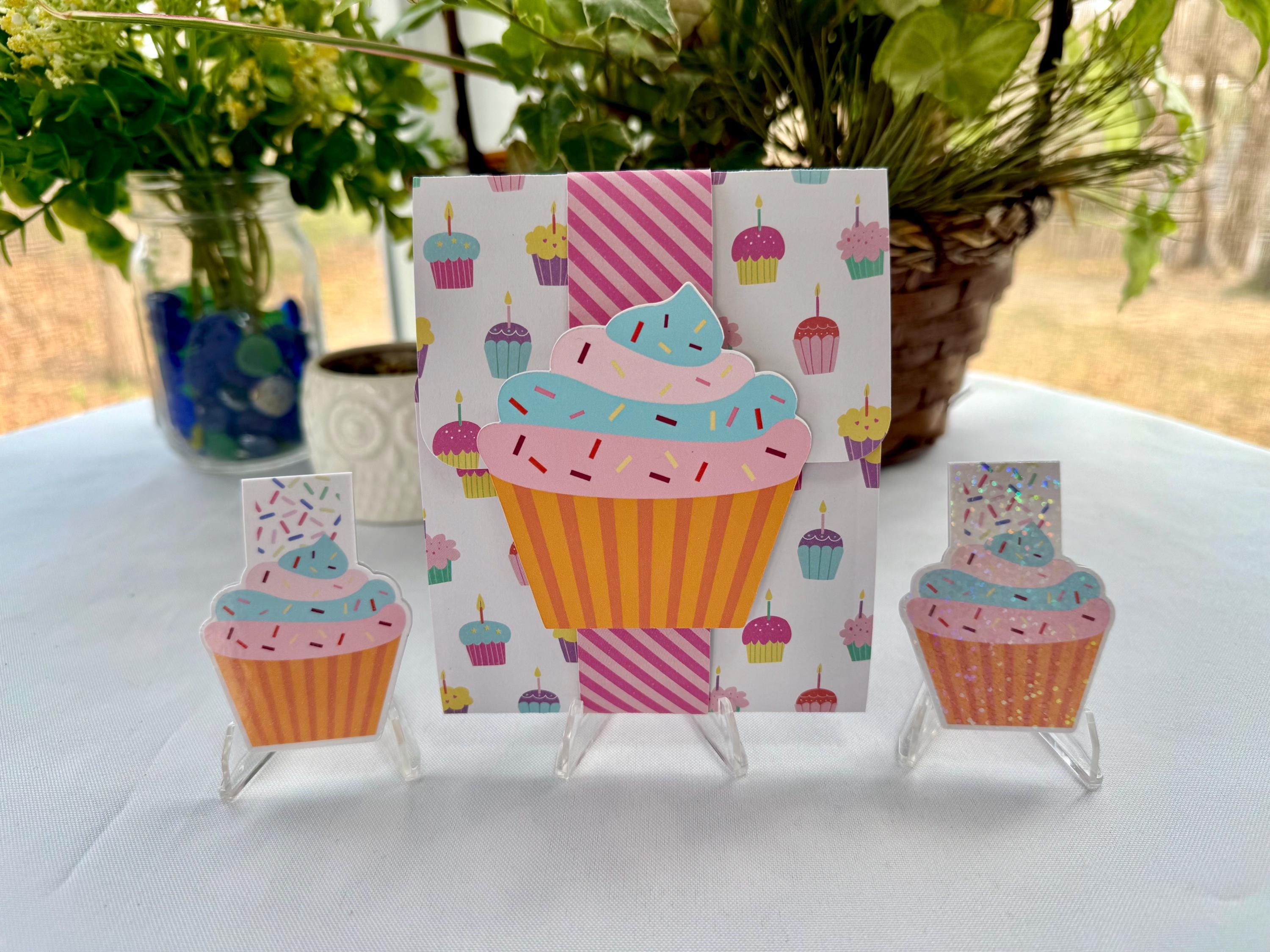 Handmade Cupcake Birthday Card with Pop-Up Gift Card Holder & Matching Bookmark Gift Set