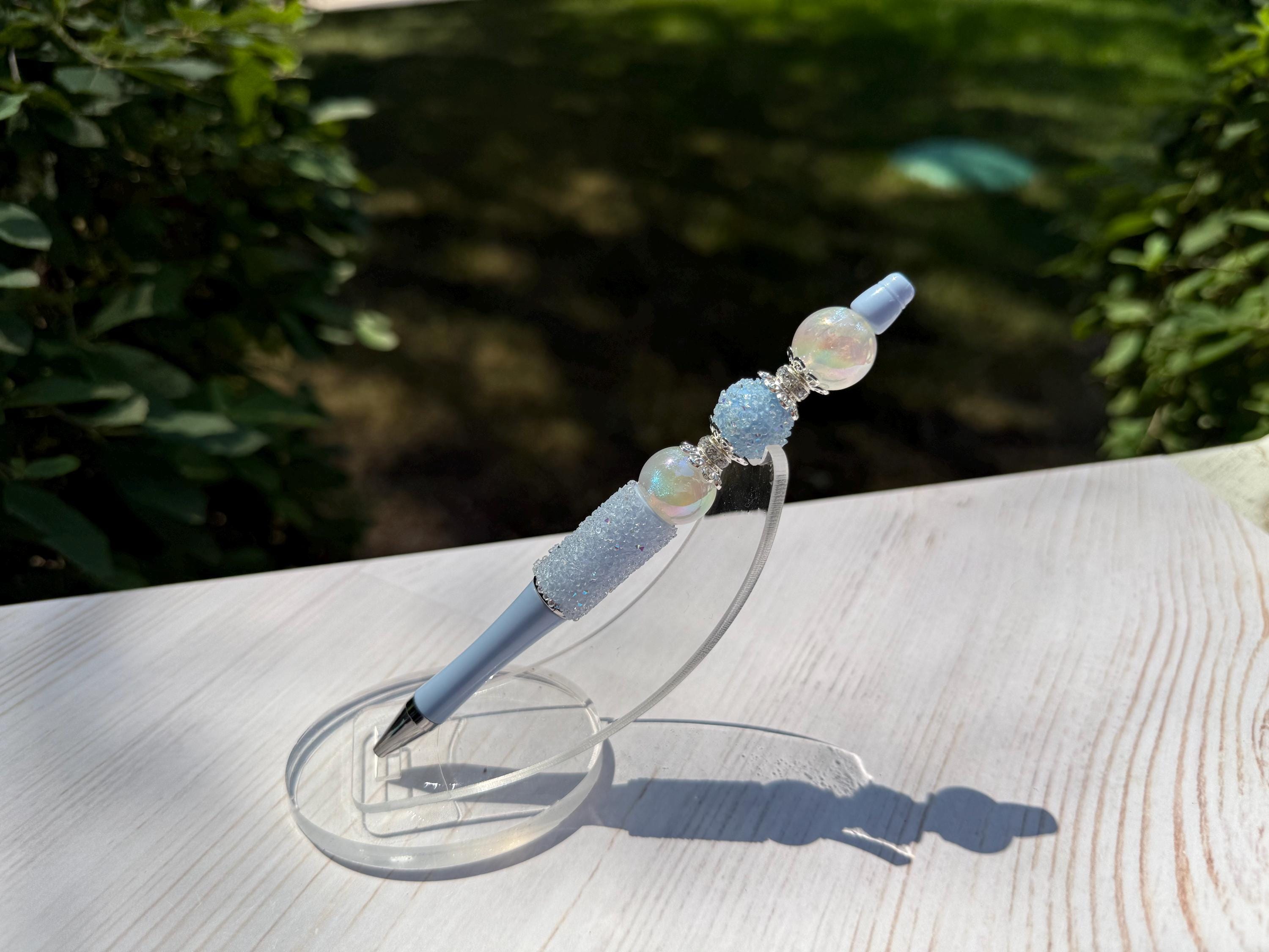 Elegant Blue and Pearl Black Ink Hand Beaded Pen with Specialty Beads