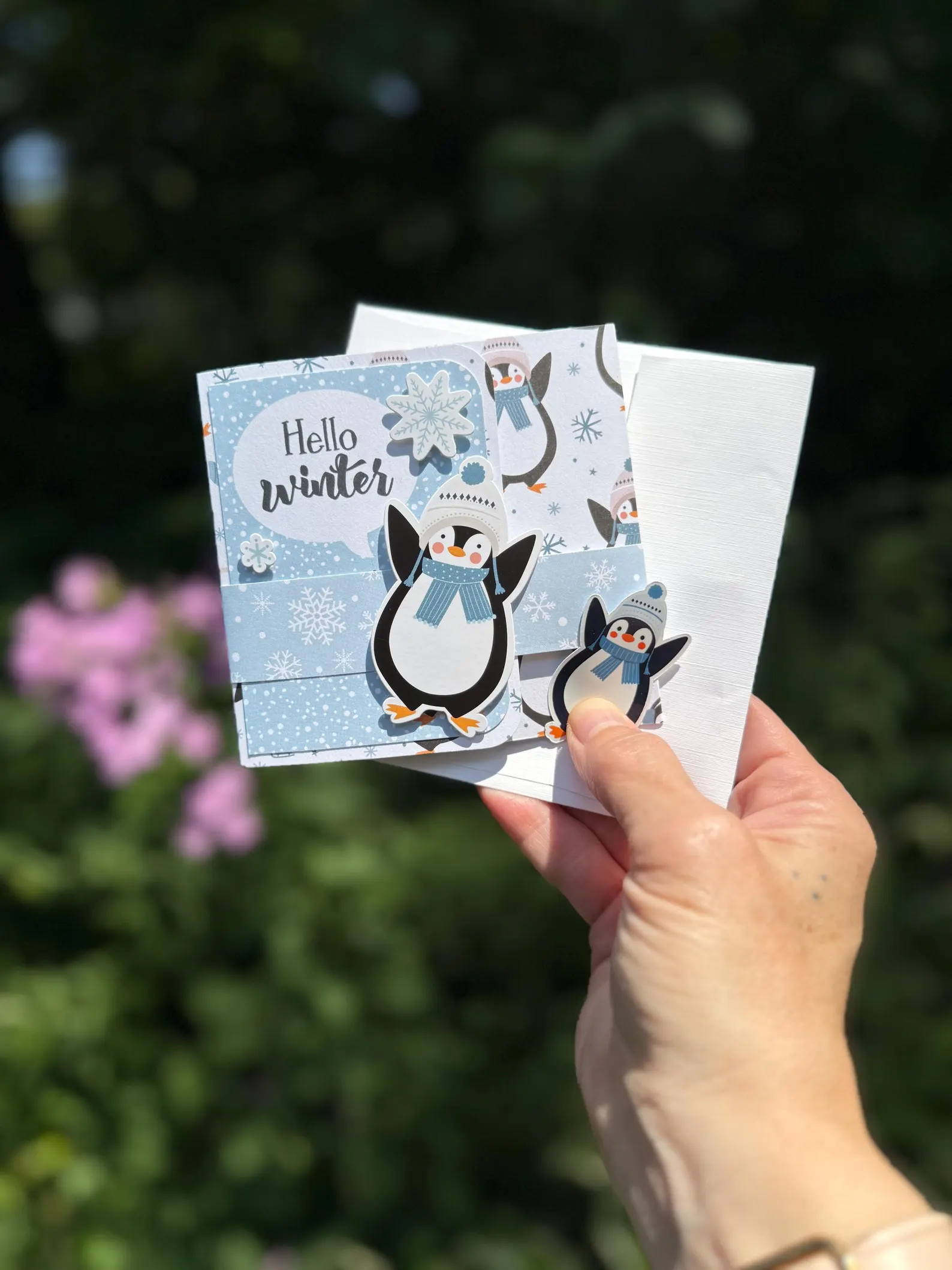 Hello Winter Penguin Handmade Gift Card Holder with Pop-Up Gift Bag