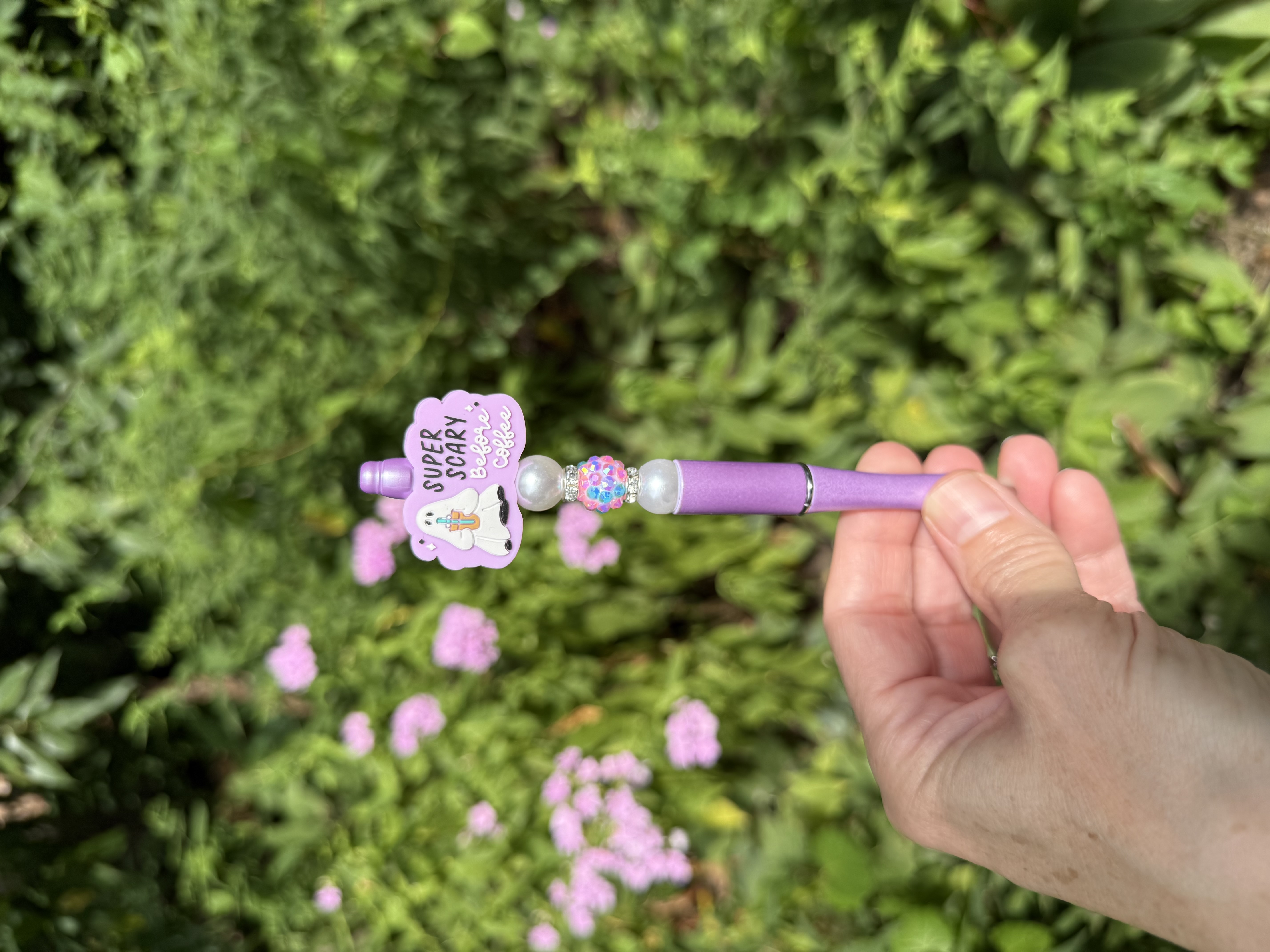 Spooky Cute Beaded Pen with Coffee Themed Ghost, “Super Scary Before Coffee”
