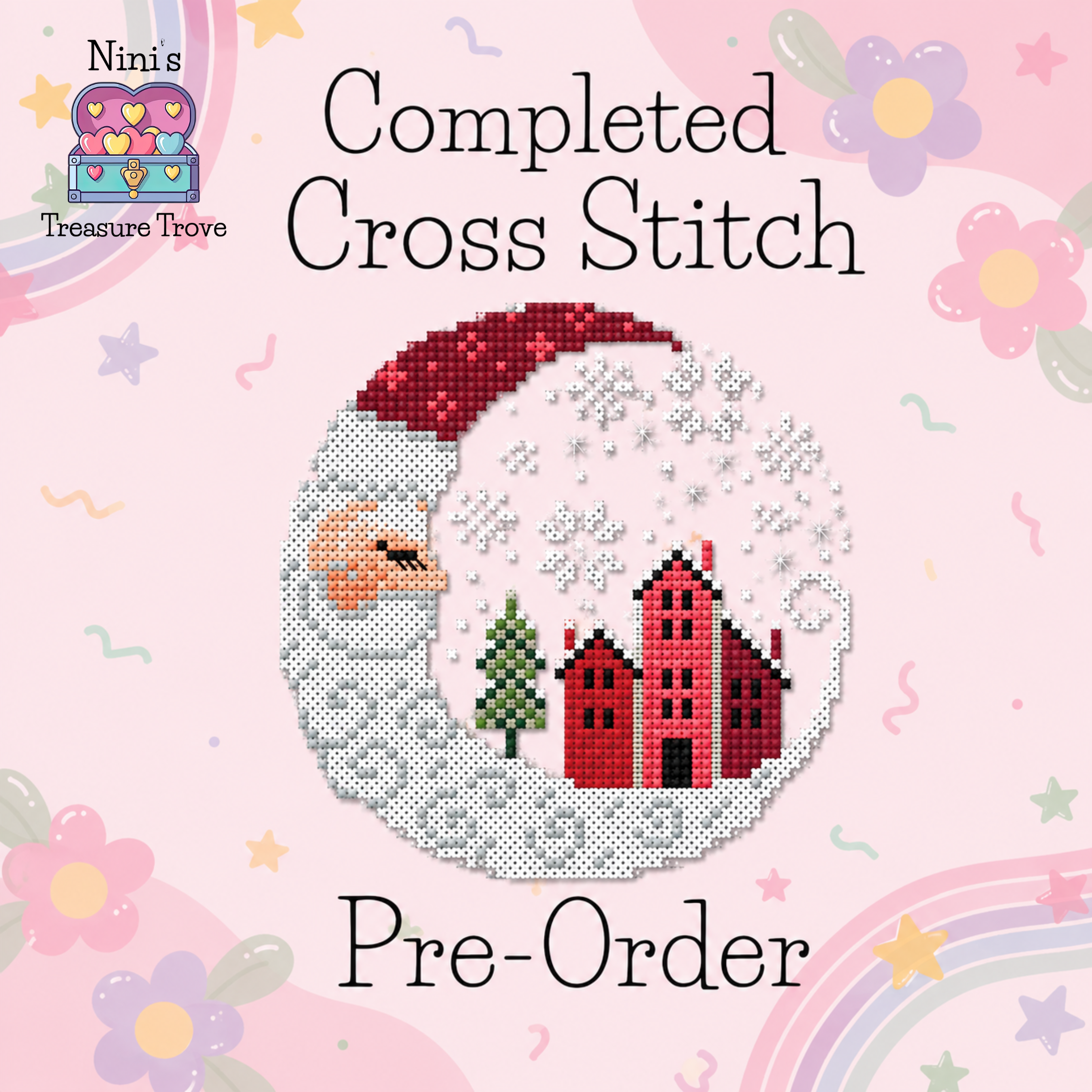 Completed Cross Stitch Pre-Order - Santa Christmas Village Design 