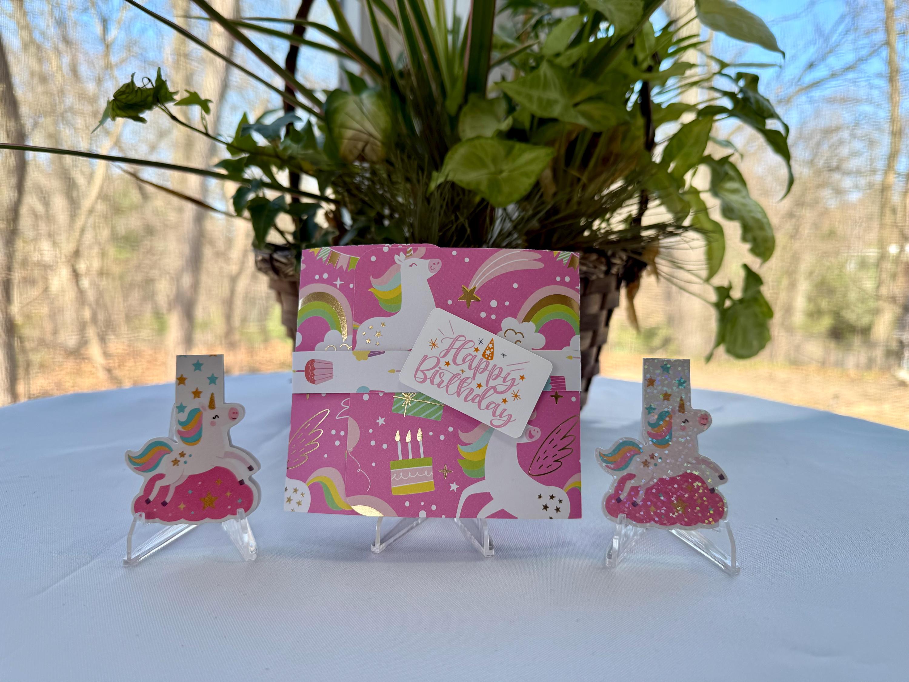Handmade Unicorn Birthday Card with Pop-Up Gift Card Holder & Matching Bookmark Gift Set