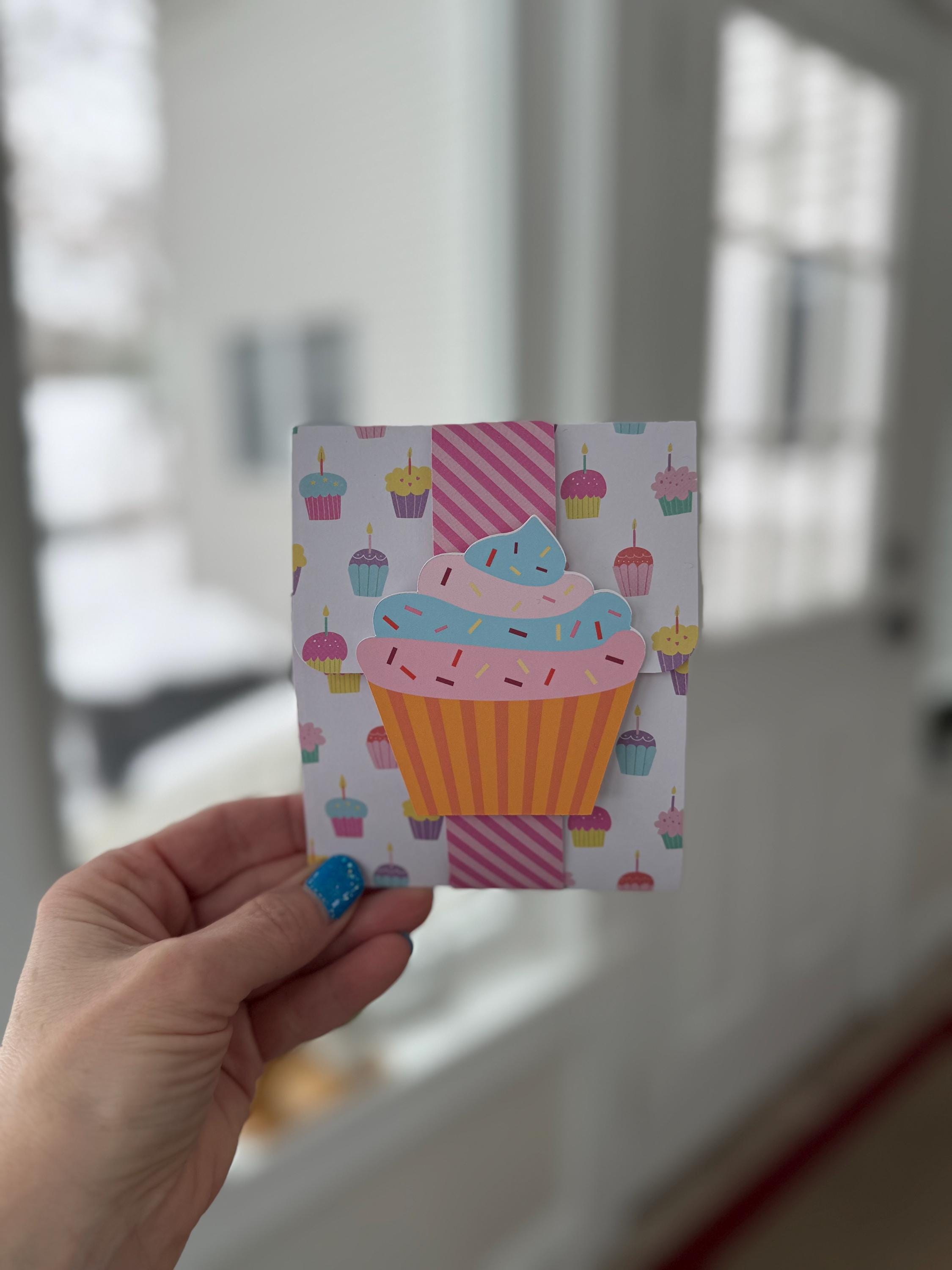 Handmade Cupcake Birthday Card with Pop-Up Gift Card Holder & Matching Bookmark Gift Set