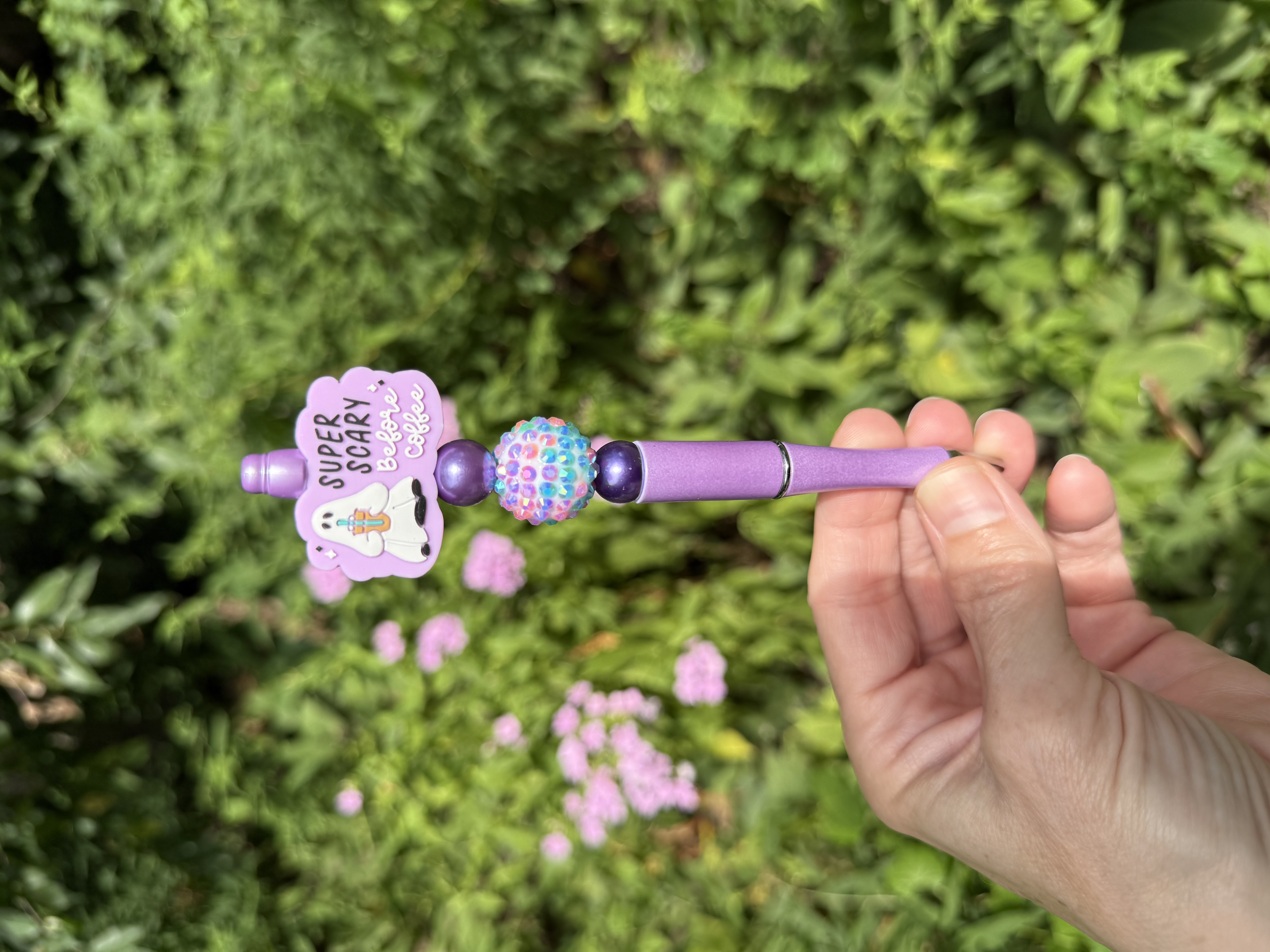 Spooky Cute Beaded Pen with Coffee Themed Ghost, “Super Scary Before Coffee”