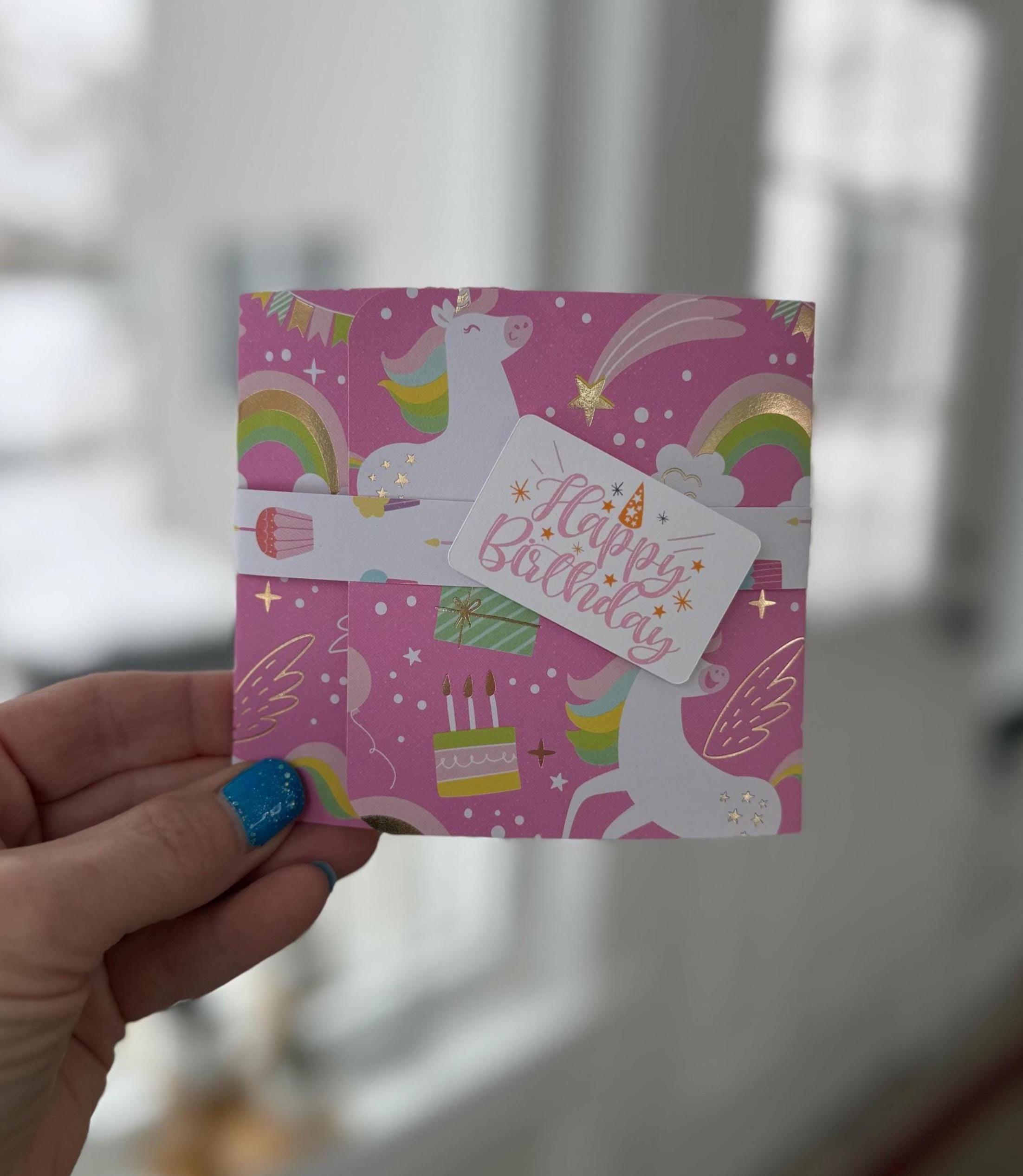 Handmade Unicorn Birthday Gift Card Holder with Pop-Up Gift Bag 