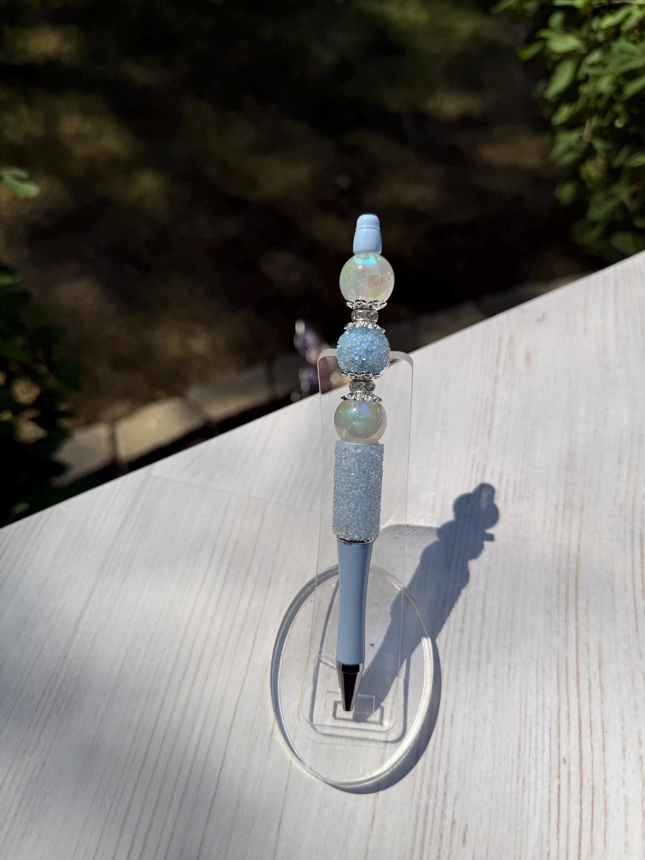 Elegant Blue and Pearl Black Ink Hand Beaded Pen with Specialty Beads