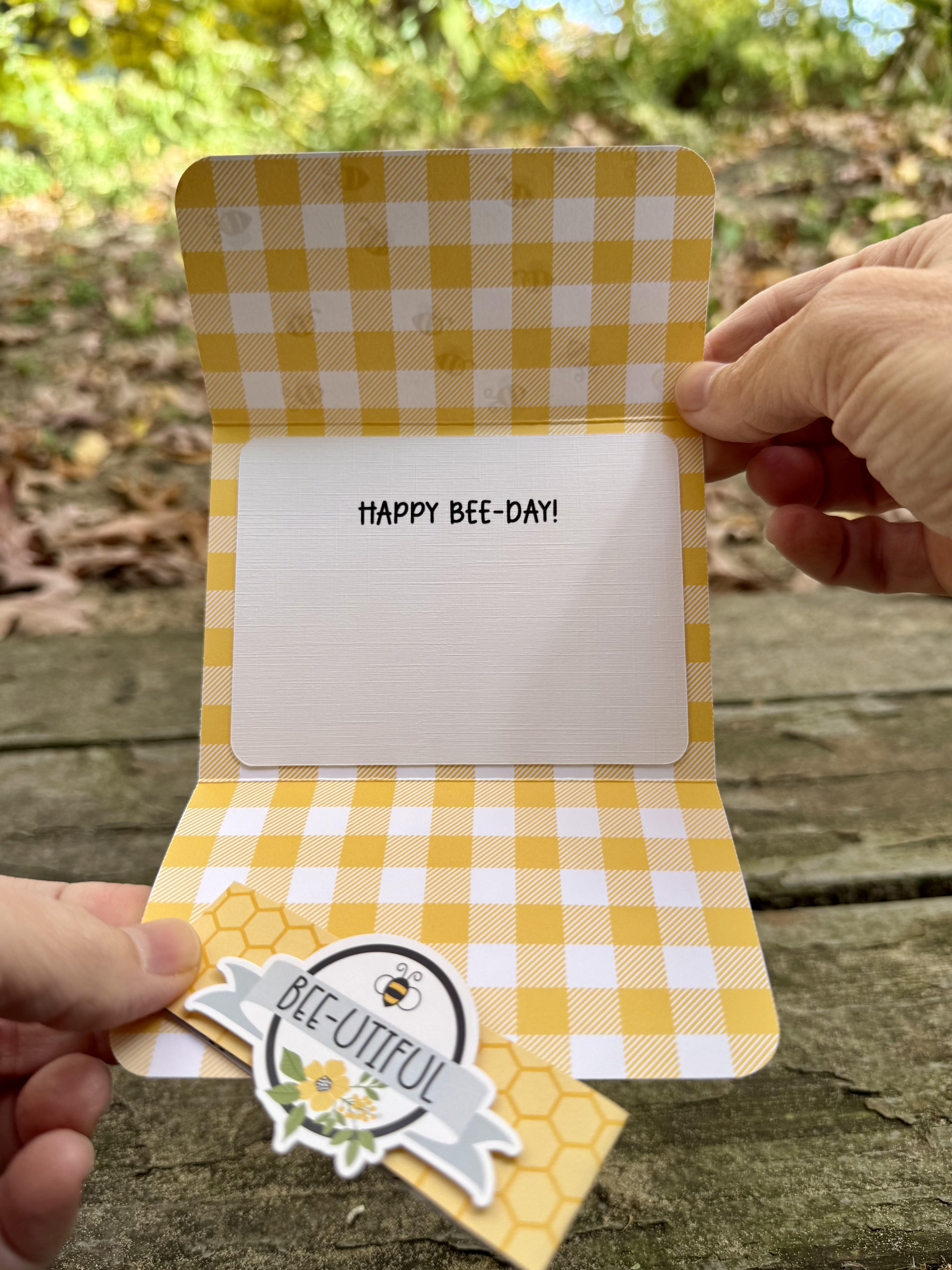 Bee-utiful Handmade Birthday Card – “Happy Bee-Day!” – Yellow Gingham Bee Card with Envelope
