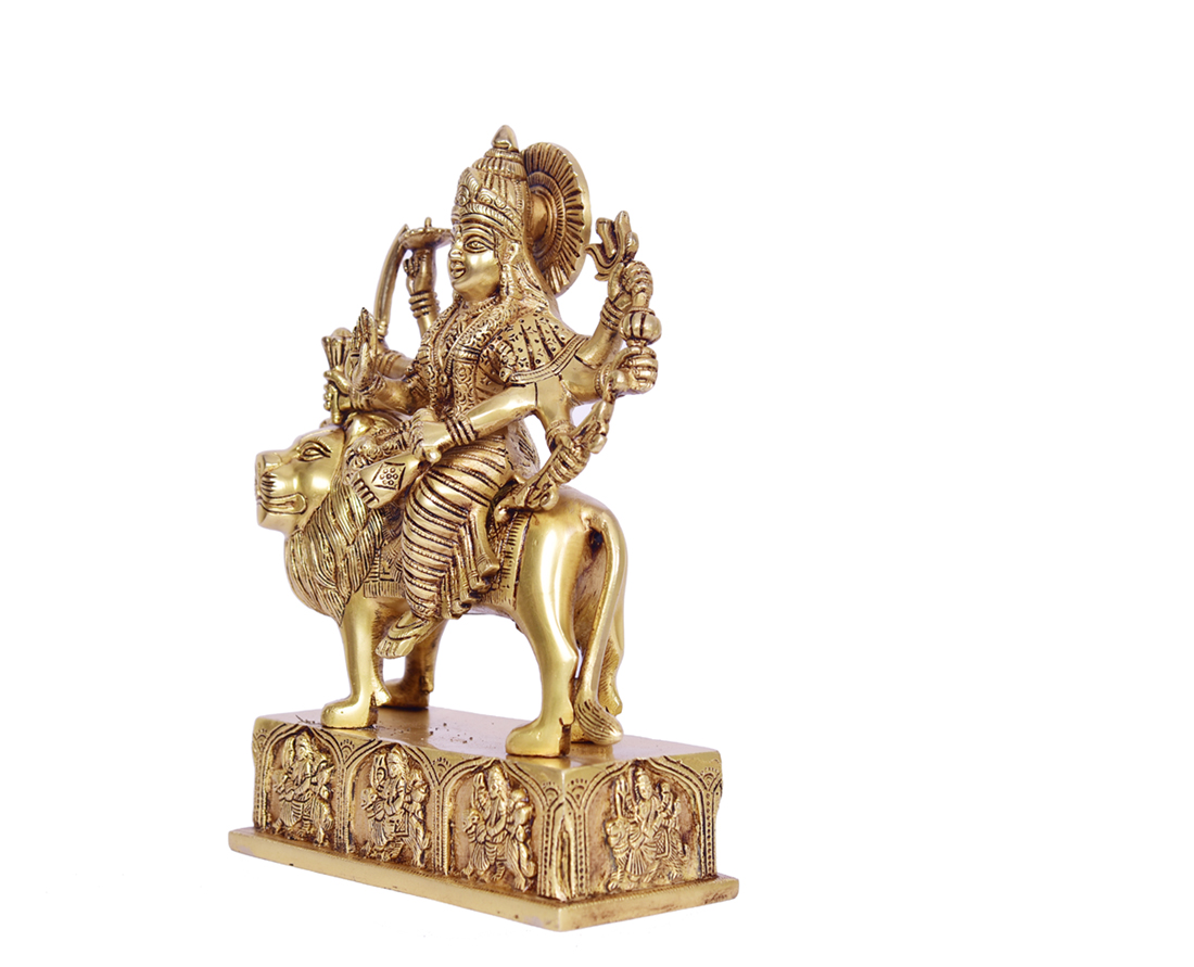  Brass Durga Statue on Lion Holding Trident