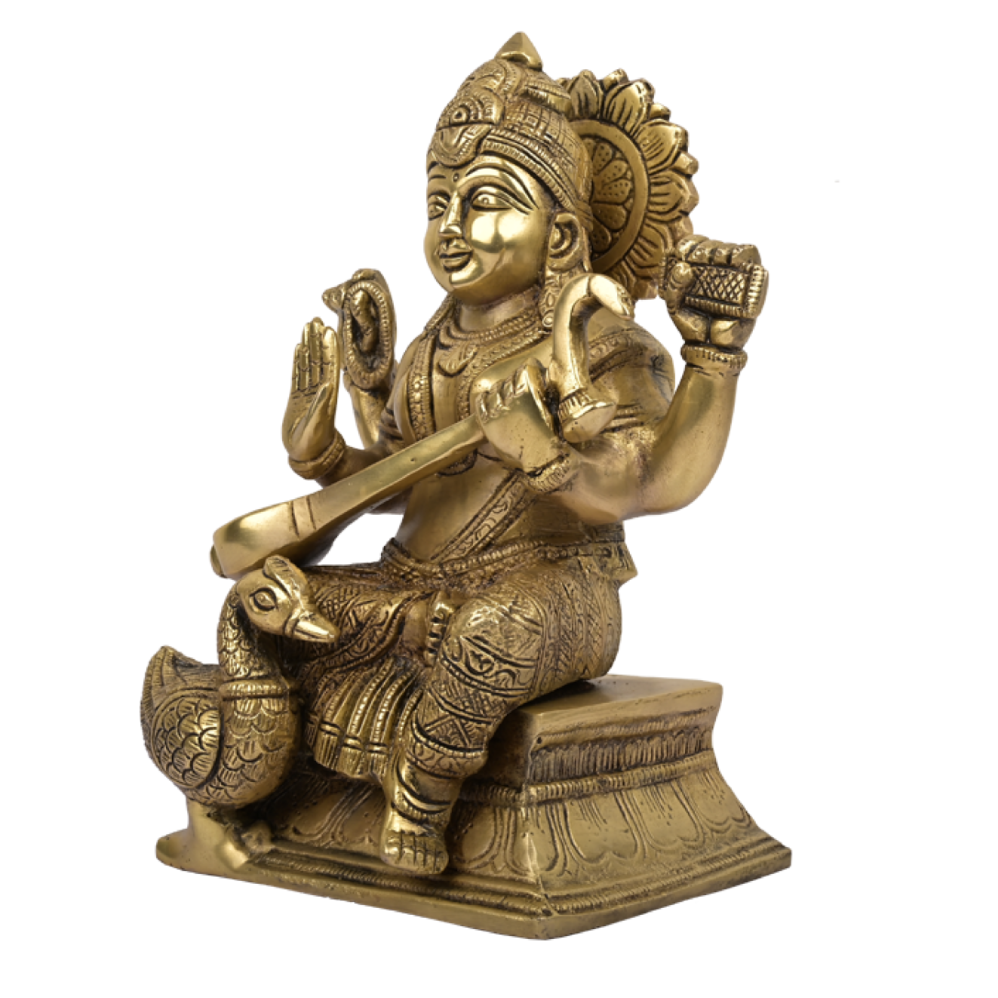 Lord Saraswati Sitting on Hans Holding Veena in Hand Brass Statue #PIS-3003