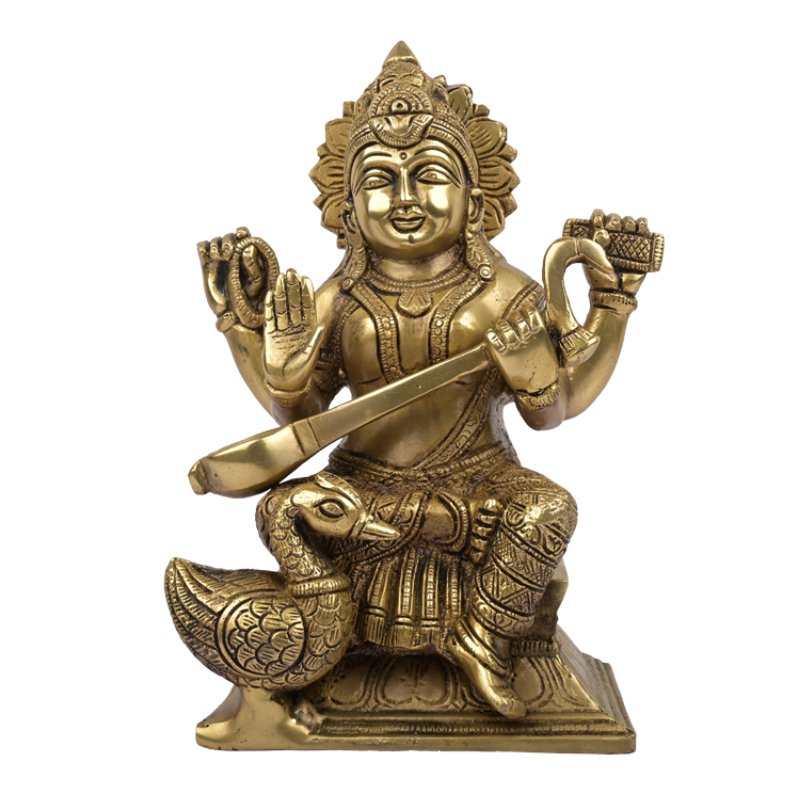 Lord Saraswati Sitting on Hans Holding Veena in Hand Brass Statue #PIS-3003