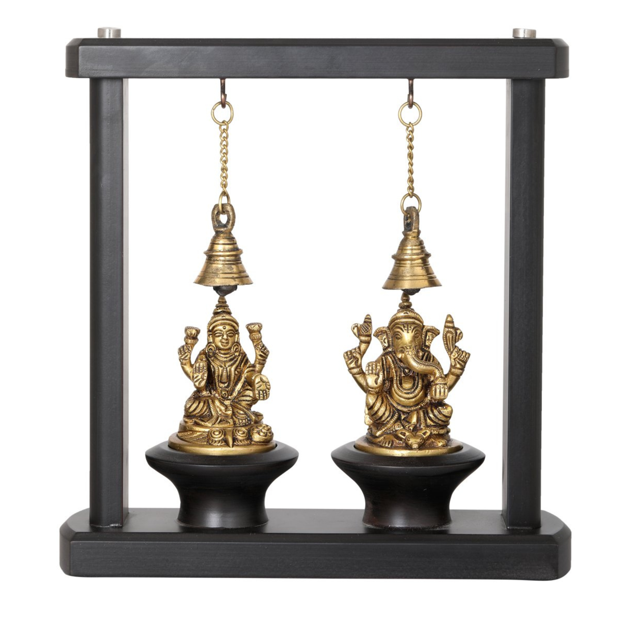Lakshmi Ganesha in Wooden Frame with Bells In Brass | Handmade #PIF-1136