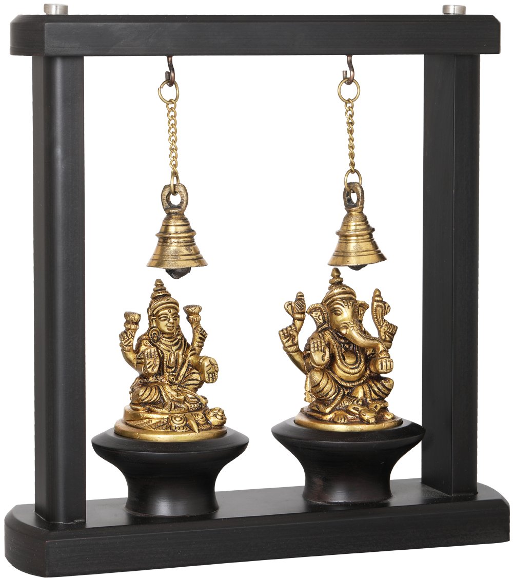 Lakshmi Ganesha in Wooden Frame with Bells In Brass | Handmade #PIF-1136