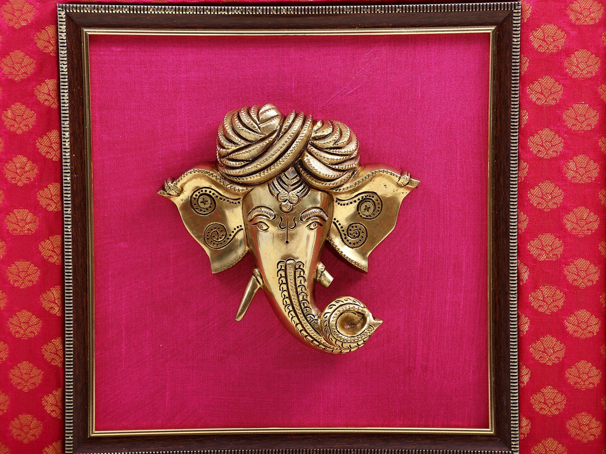 Brass Turbaned Lord Ganesha Mask Wall Hanging with Wooden Frame #PIF-1169