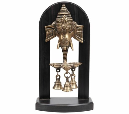 Brass Lord Ganesha On Stand With Lamps And Bells #PIF-1181