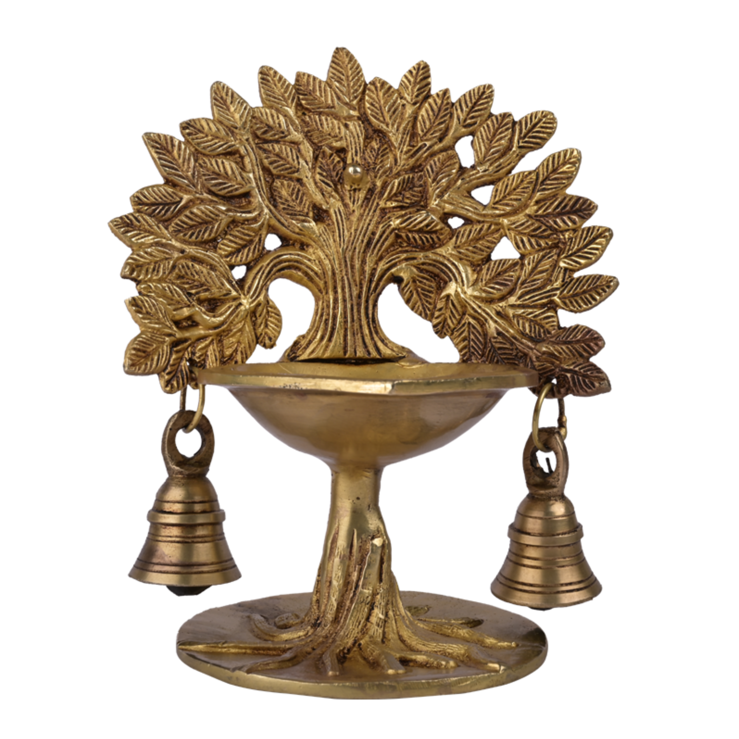 Pooja Diya Tree Design with 2 Bell In Brass Metal #PIDY-2109