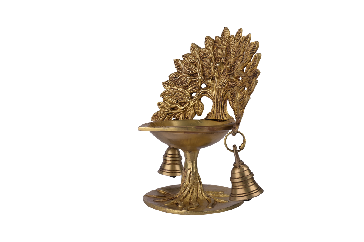 Pooja Diya Tree Design with 2 Bell In Brass Metal #PIDY-2109