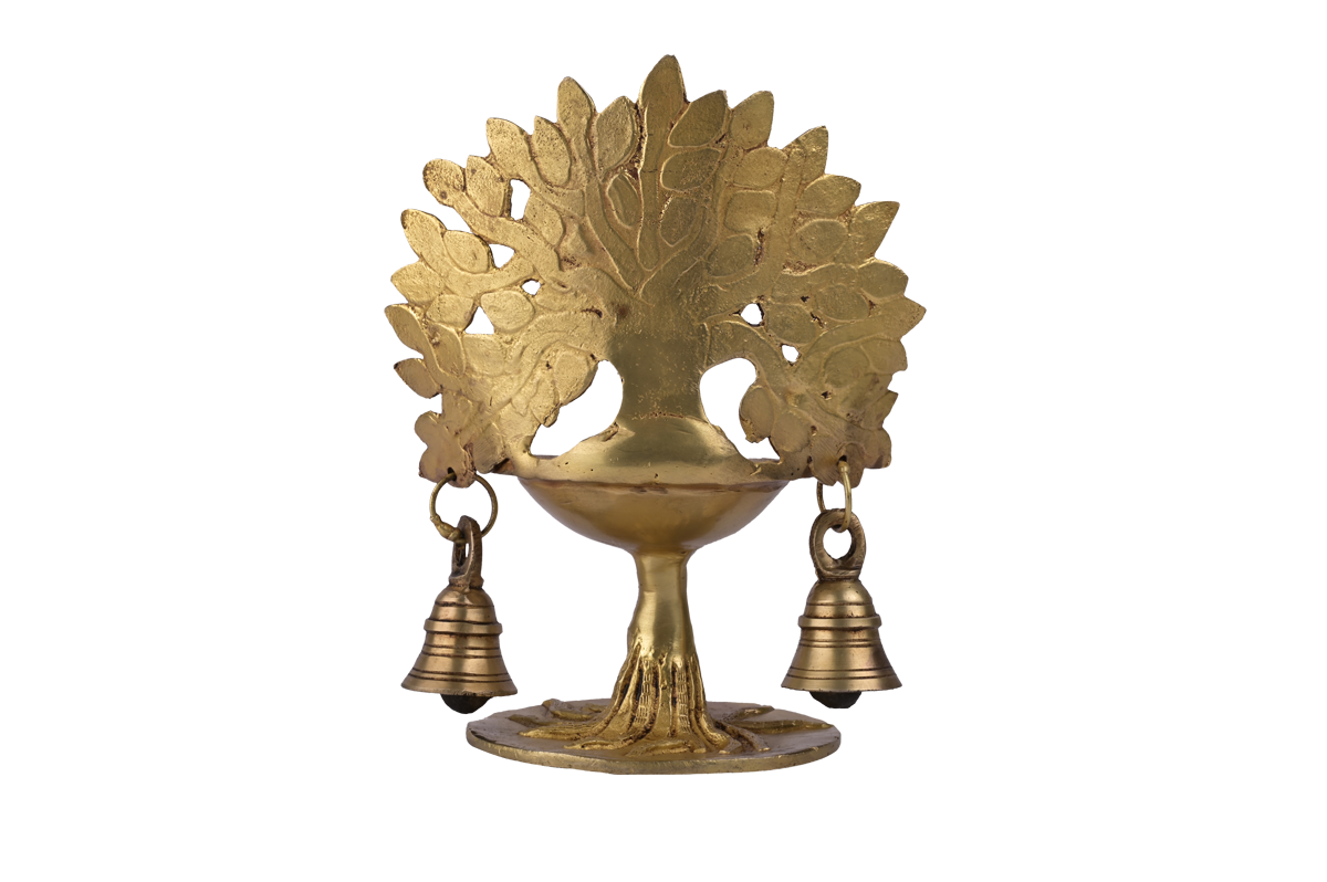 Pooja Diya Tree Design with 2 Bell In Brass Metal #PIDY-2109