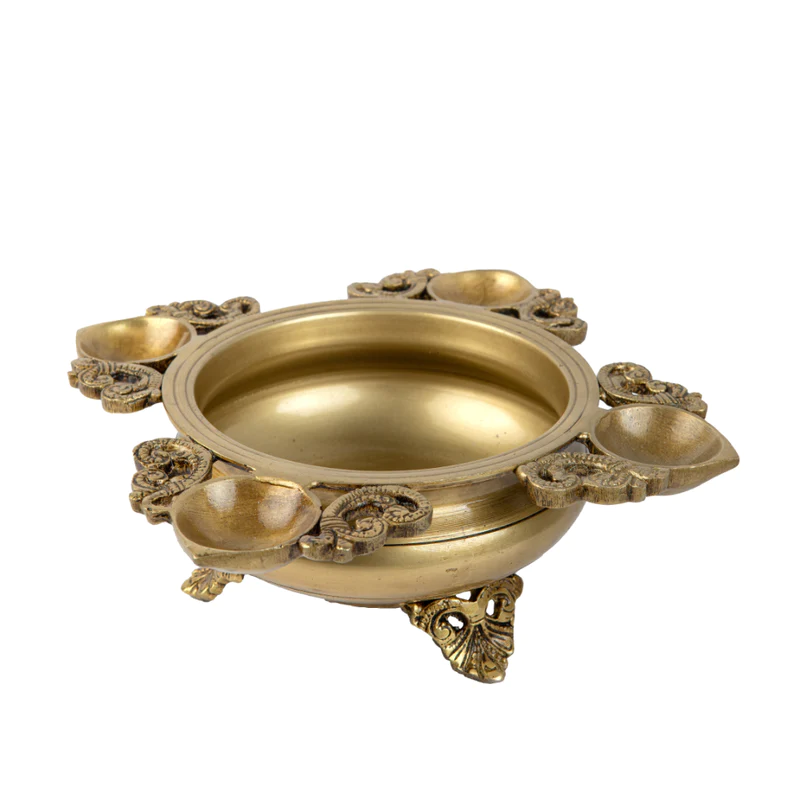  Brass 6in 4 Diya Urli Ethnic Design #PIU-5007