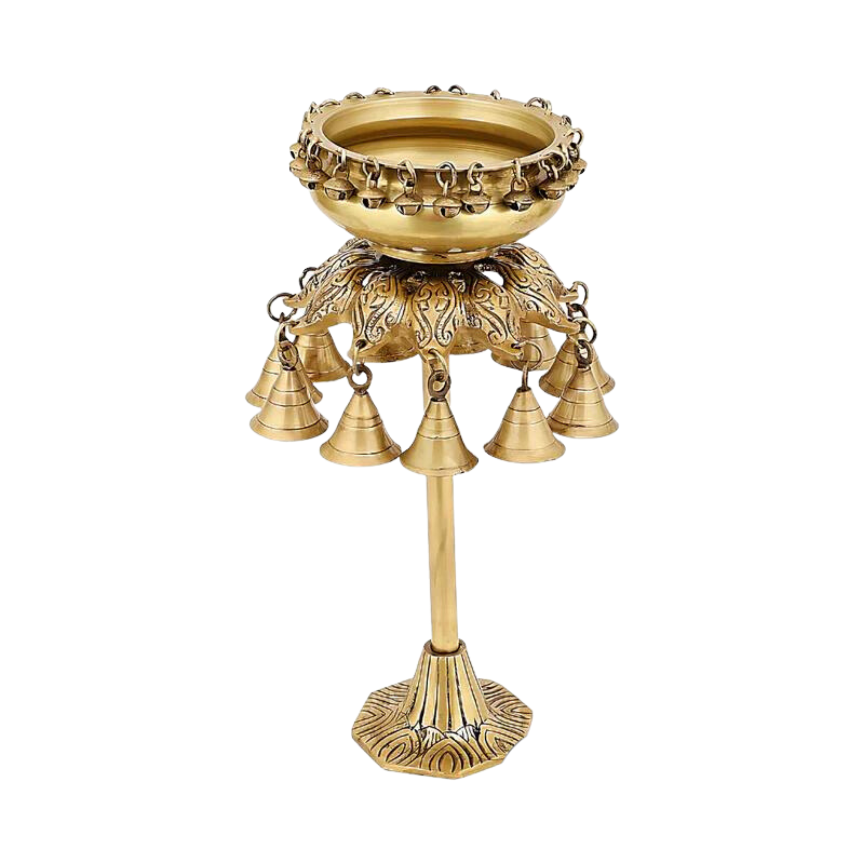 Brass Urli Bowl with Bells Ethnic Design Uruli Pot for Home Decor #PIU-5017