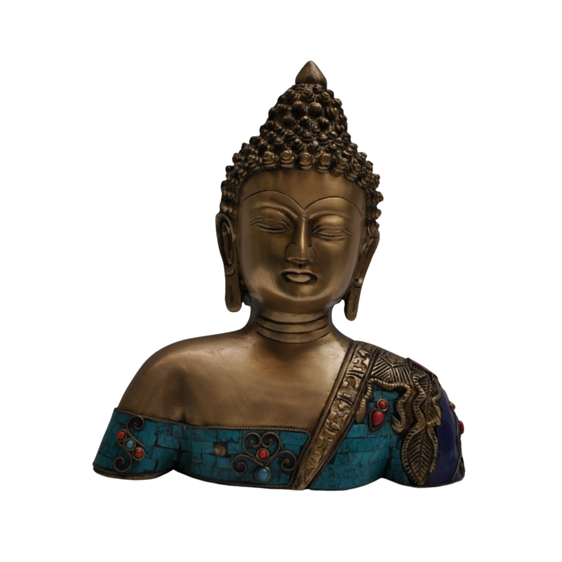 Brass Lord Buddha bust with turquoise stone work #PIB-4030