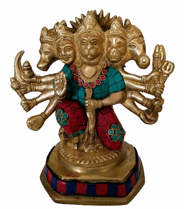Five Face Lord Hanuman Sculpture in brass metal with stone work #PIH-6016