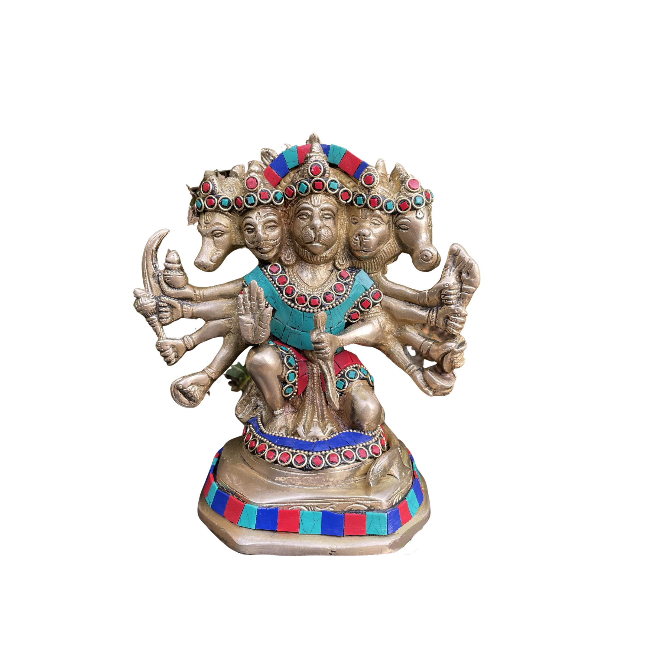 Panch Mukhi Hanuman Statue with stone work, Celibacy, Lord Five face Hanuman Idol, Bajrangbali Handmade brass Ram Bhakt Indian God #PIH-6026