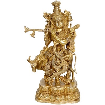 Lord Krishna with cow metal brass statue in antique finish #PIK-7011