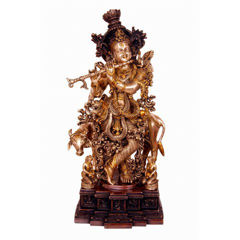 Magnificent Brass Large Lord Krishna with cow 28 inch Tall Home temple statue Wedding Gift Hindu God #PIK-7040