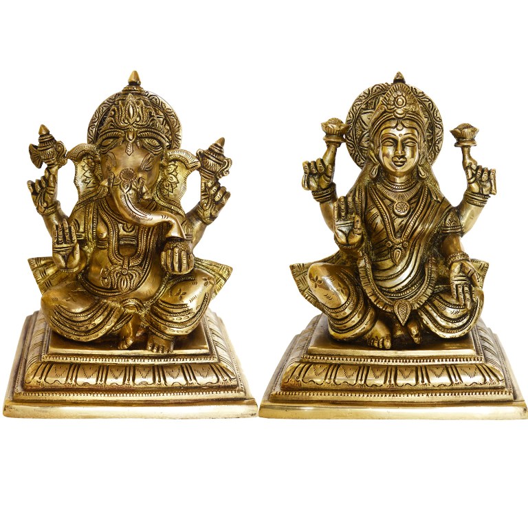Hindu lord Lakshmi and Ganesha brass statue #PILG-10010