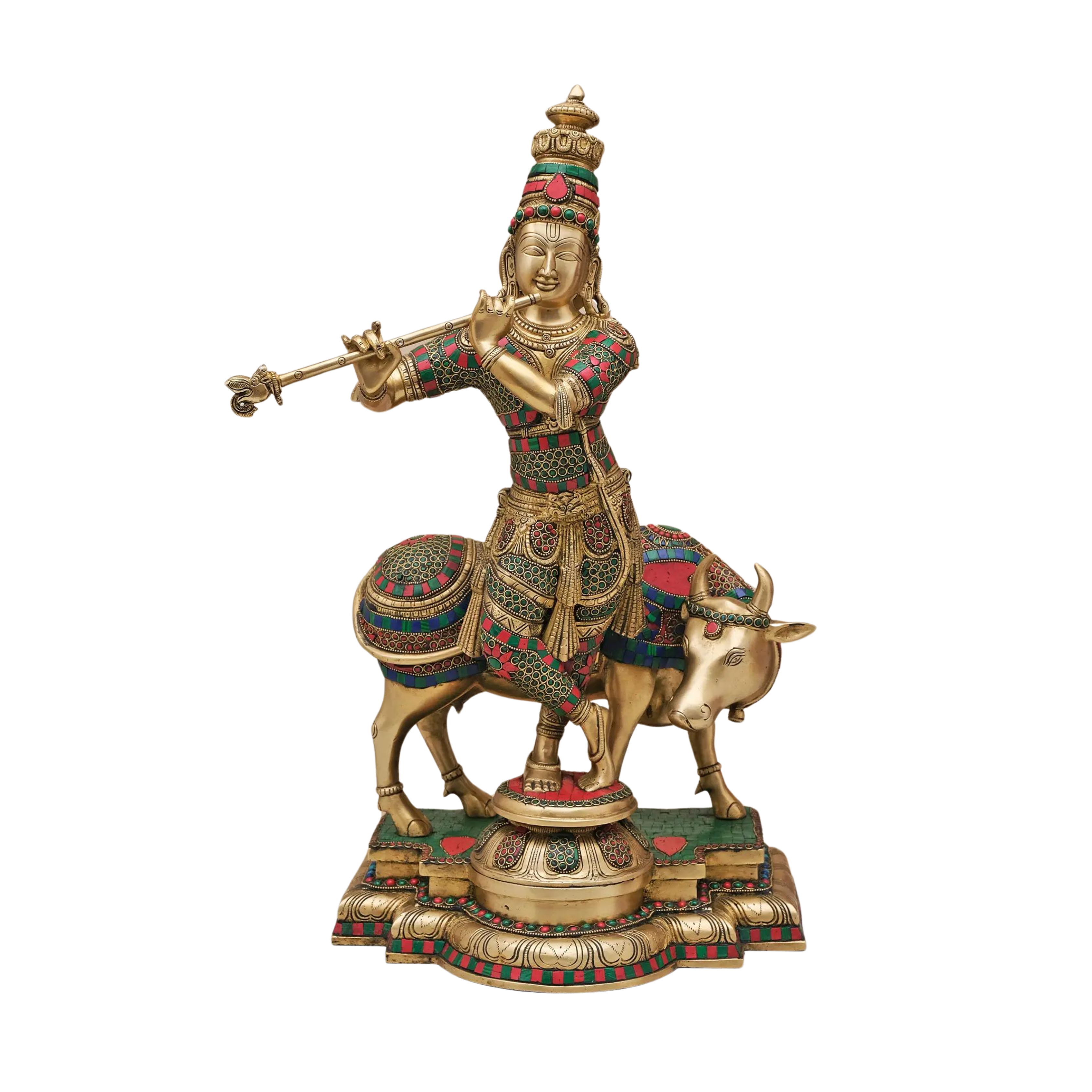 Brass Fluting Krishna with His Cow   #PIK-7031