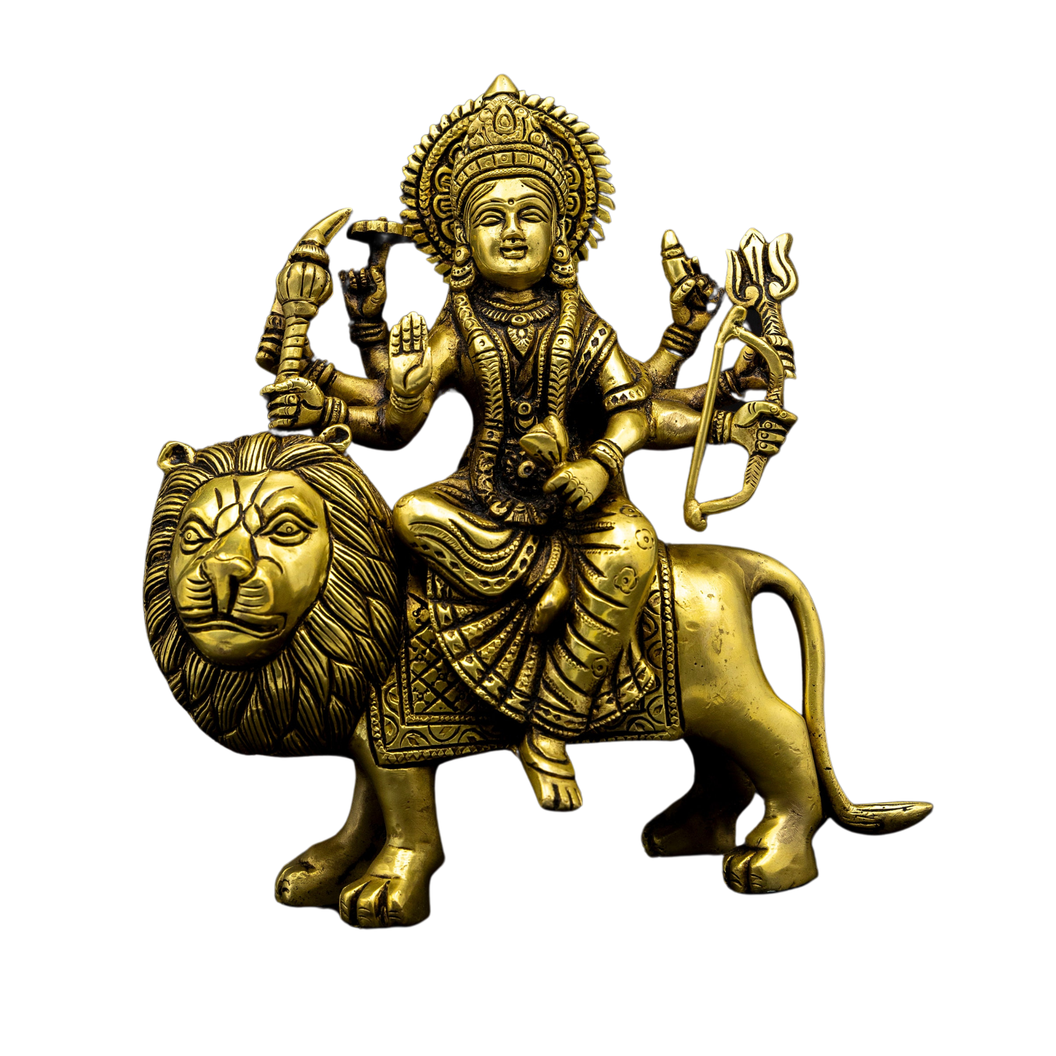Brass Durga Statue on Lion Holding Trident Kamakhya Mata