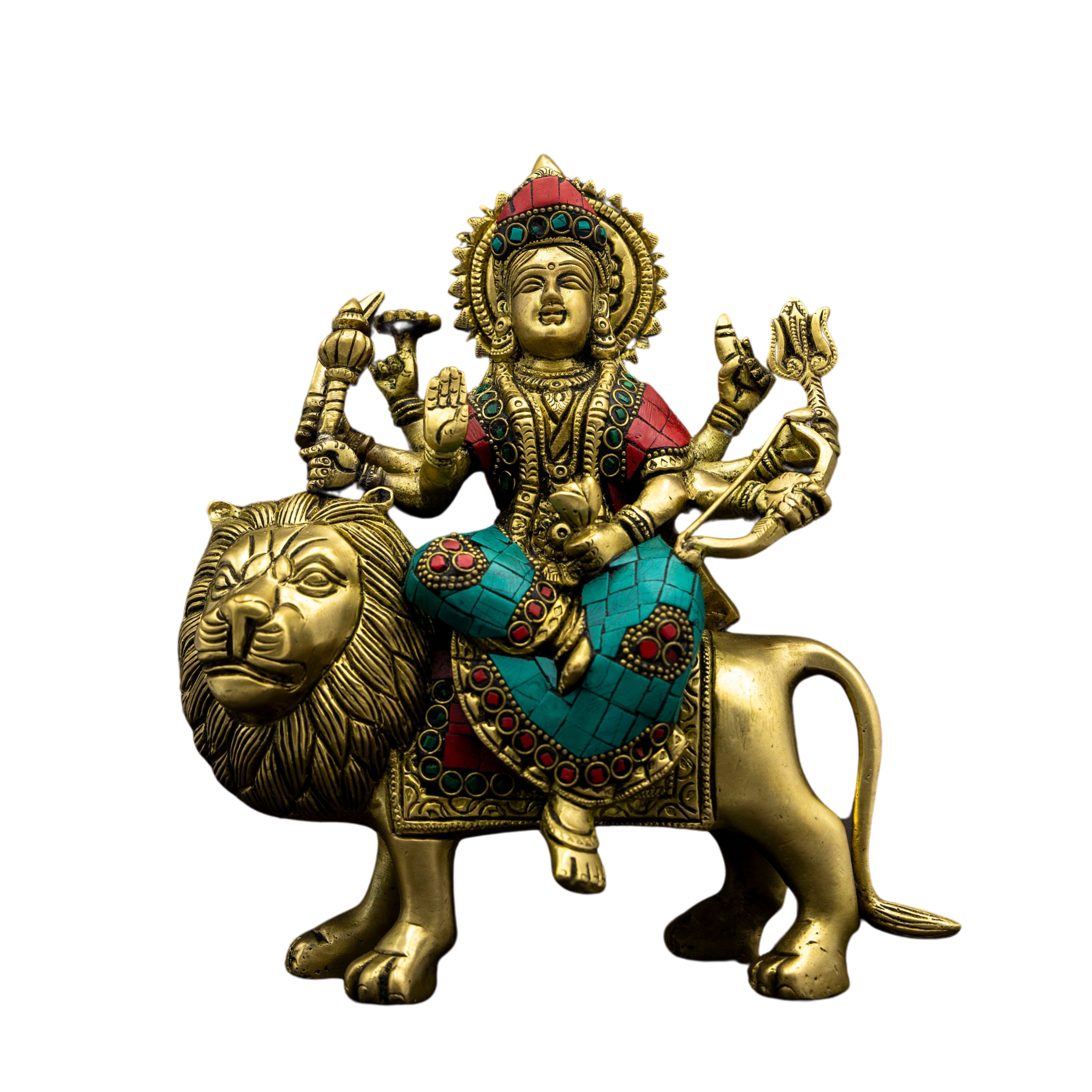 Brass Durga Statue on Lion Holding Trident