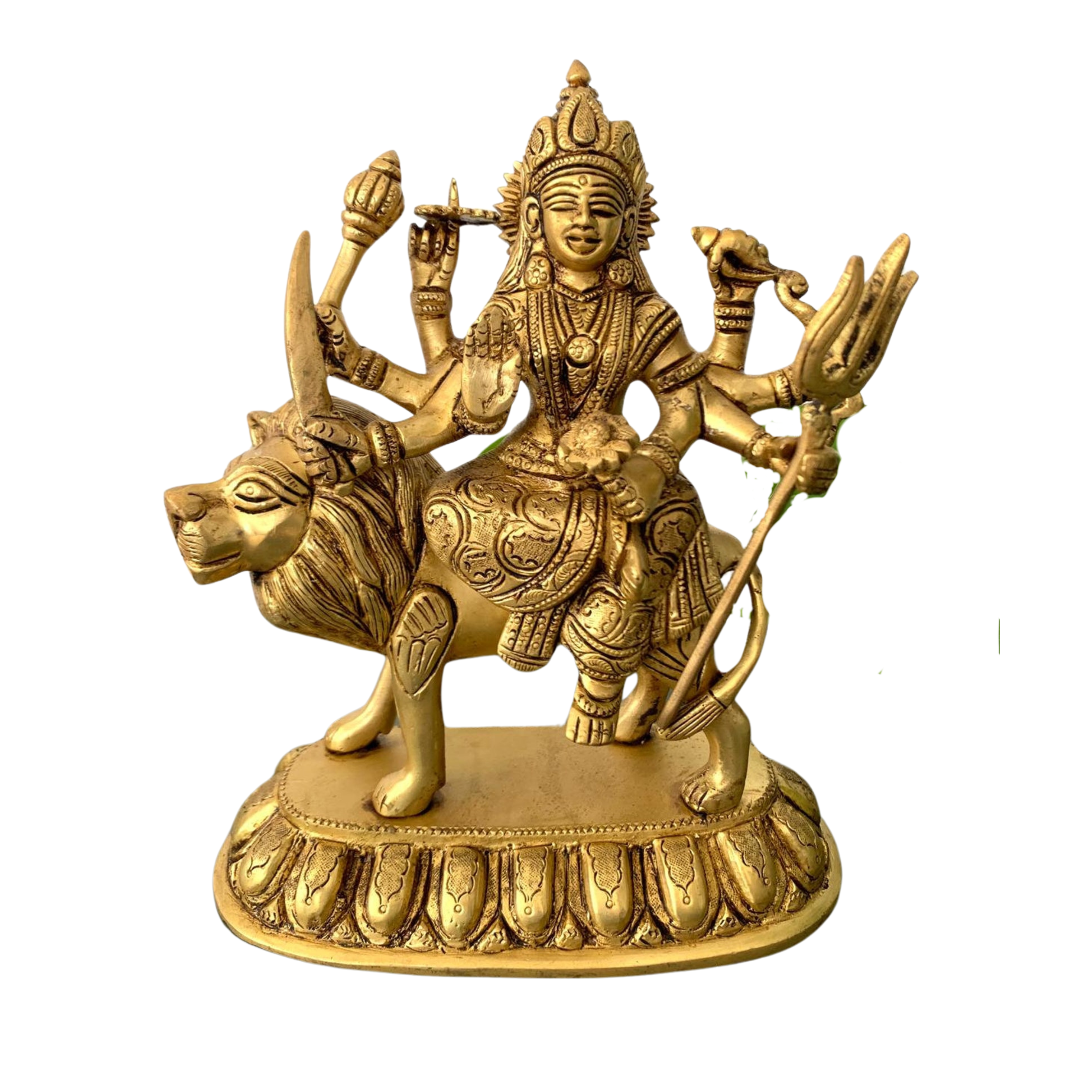  Brass Durga Statue on Lion Holding Trident #PID-1704