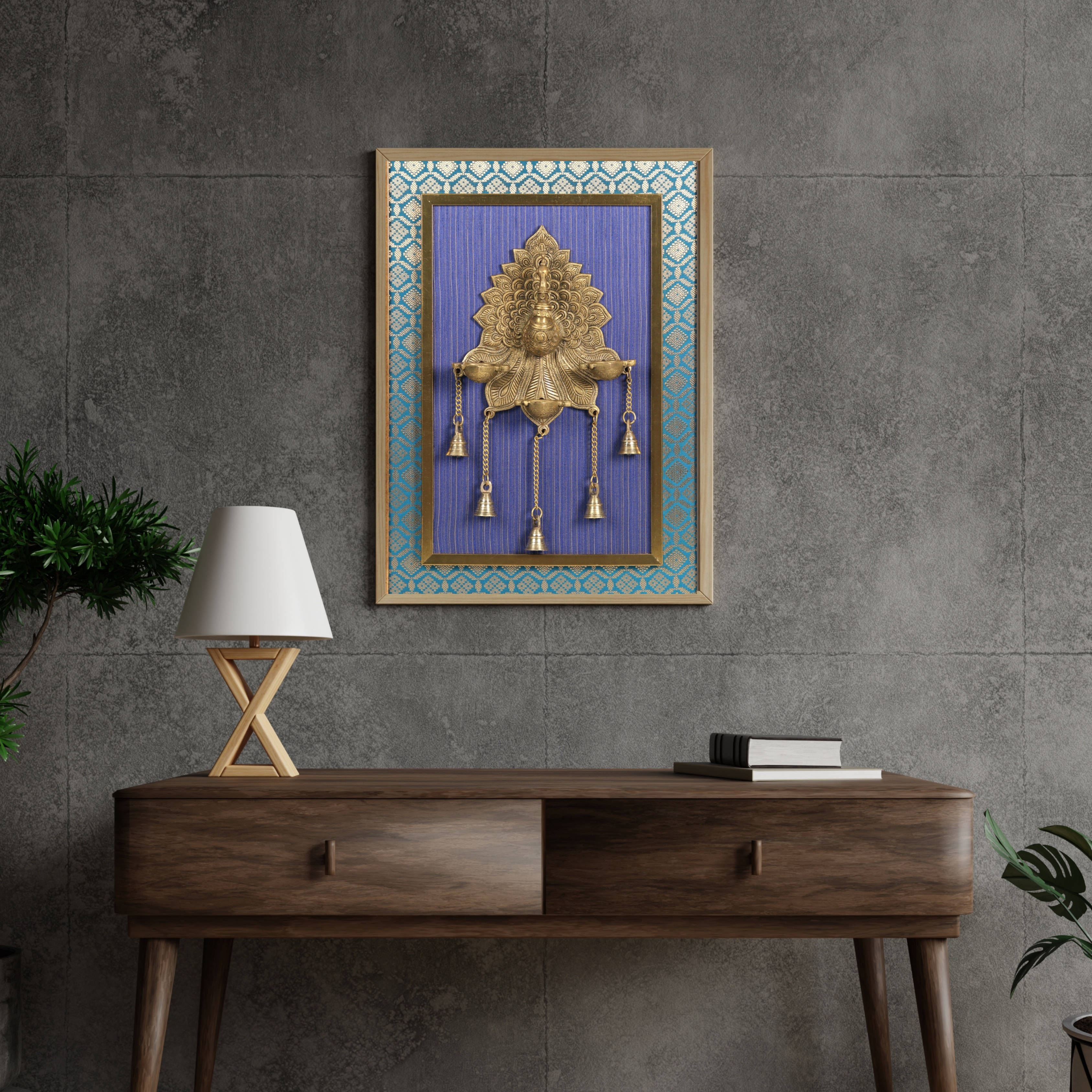 Brass Peacock Diya Holder in Brass | Wooden Wall Hanging Frame